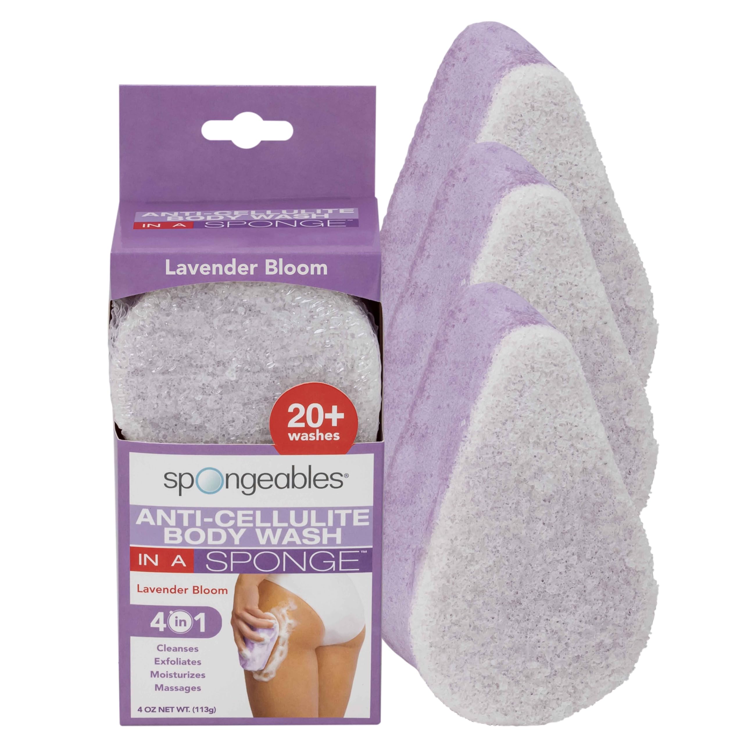 Spongeables anti-cellulite foam-release sponge ready for cleansing and cellulite treatment.