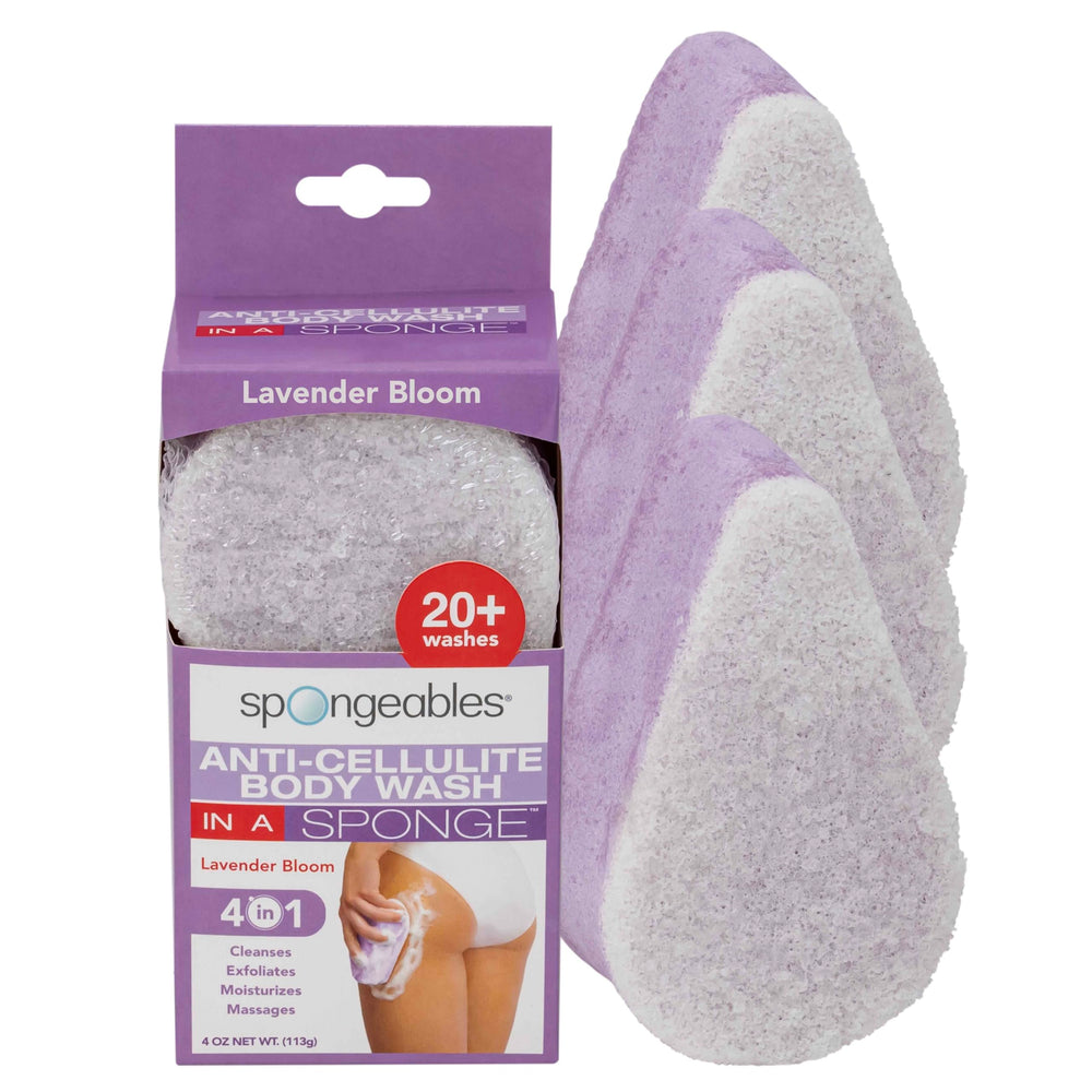 Spongeables anti-cellulite foam-release sponge ready for cleansing and cellulite treatment.
