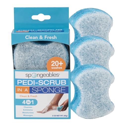 Spongeables Pedi Scrub dual-textured sponge ideal for exfoliation and cleansing.