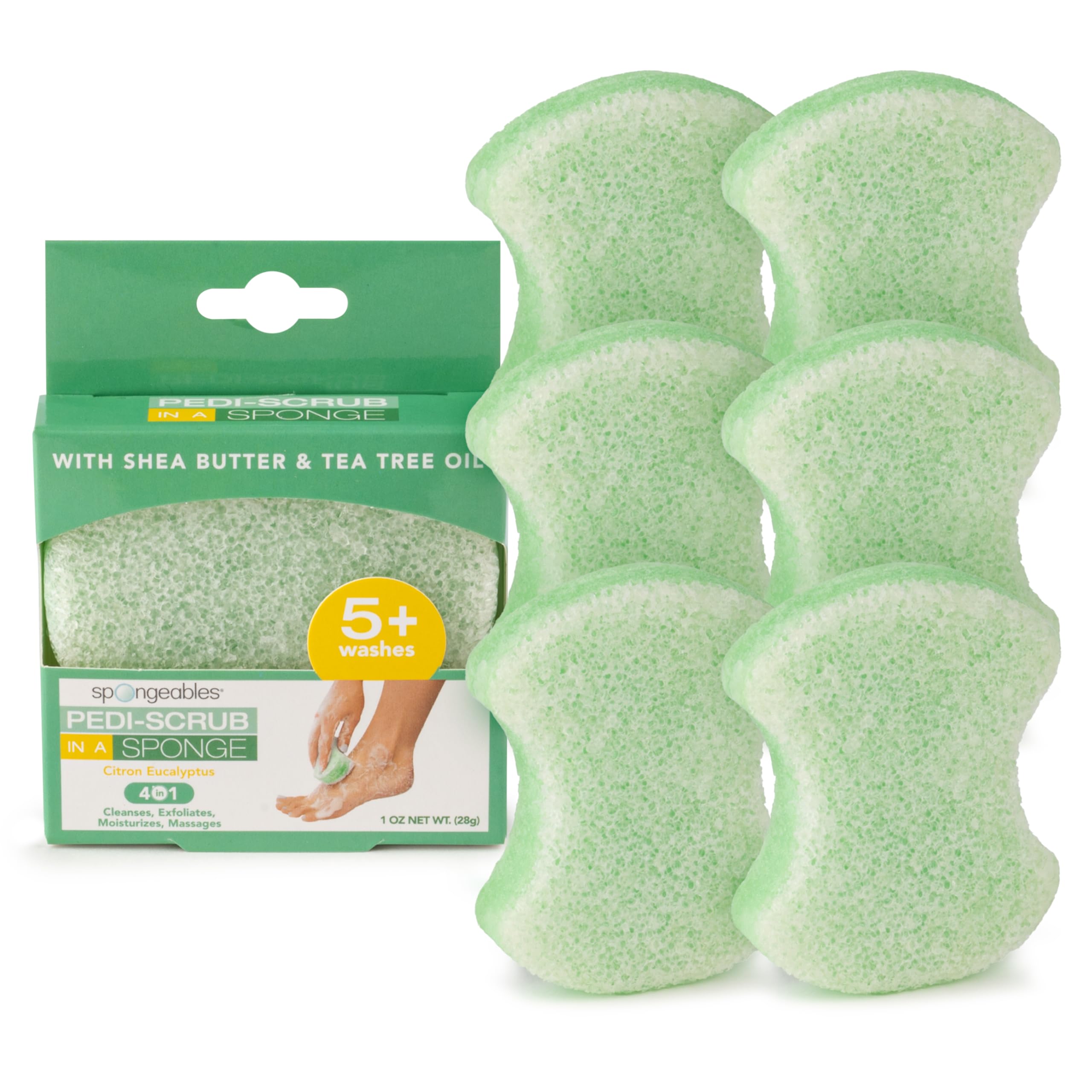 Spongeables Pedi Scrub Foot Sponge packaged front for easy at-home spa day.
