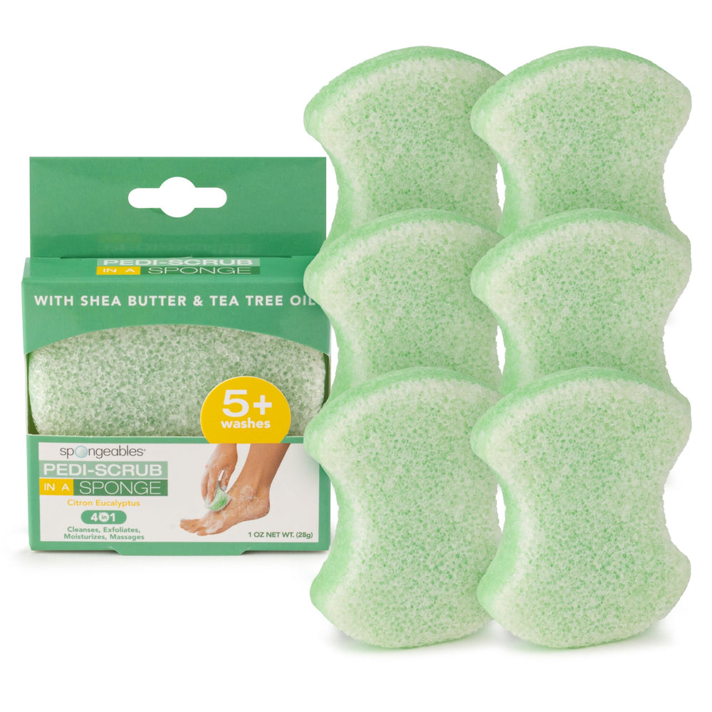 Spongeables Pedi Scrub Foot Sponge packaged front for easy at-home spa day.