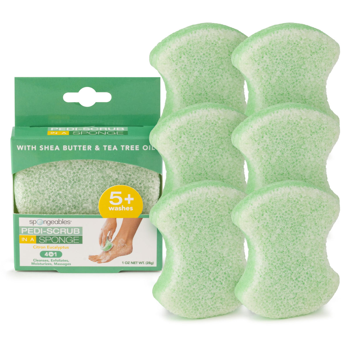 Spongeables Pedi Scrub Foot Sponge packaged front for easy at-home spa day.