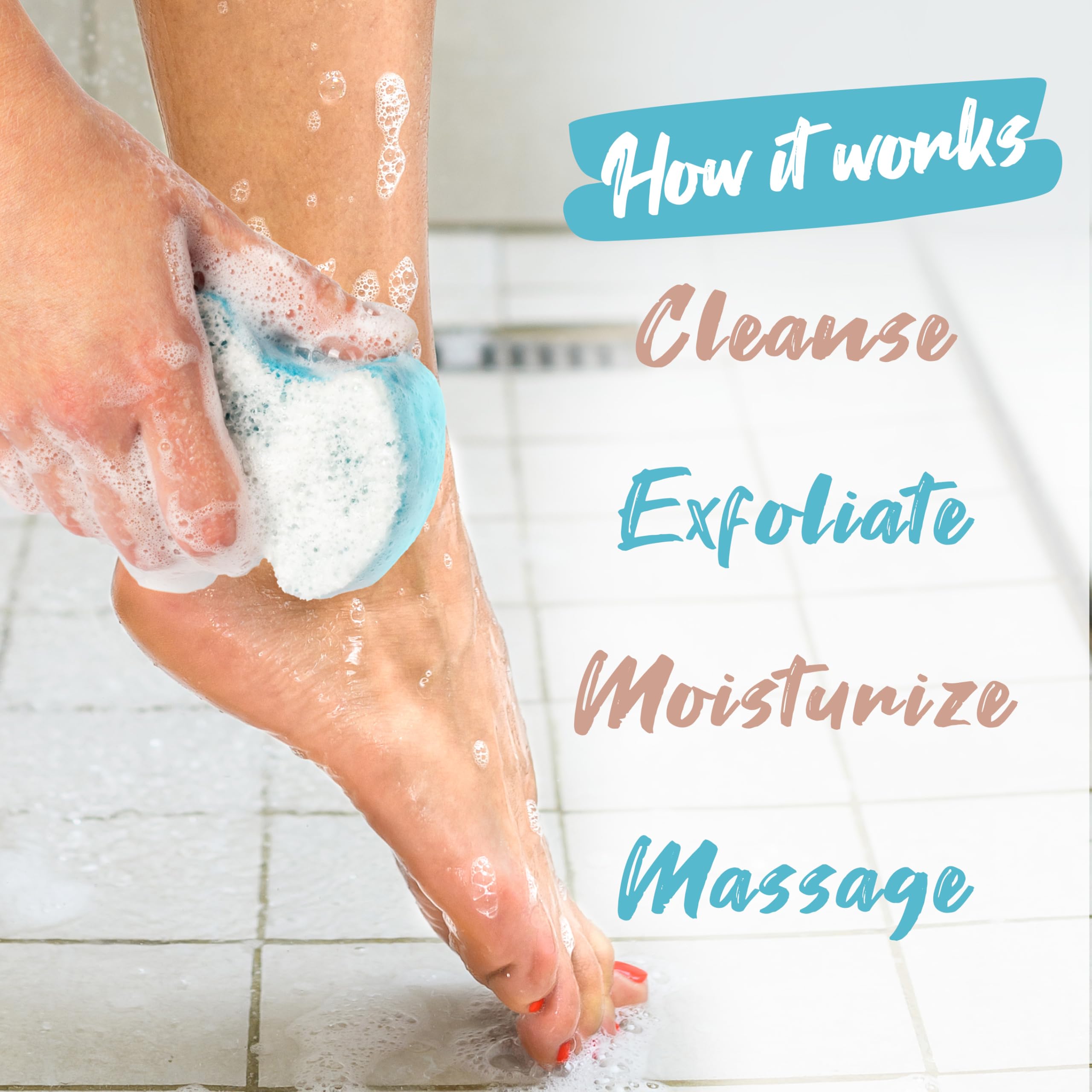 Spongeables Pedi Scrub Sponge enriched with olive oil and Vitamin E for hydration.