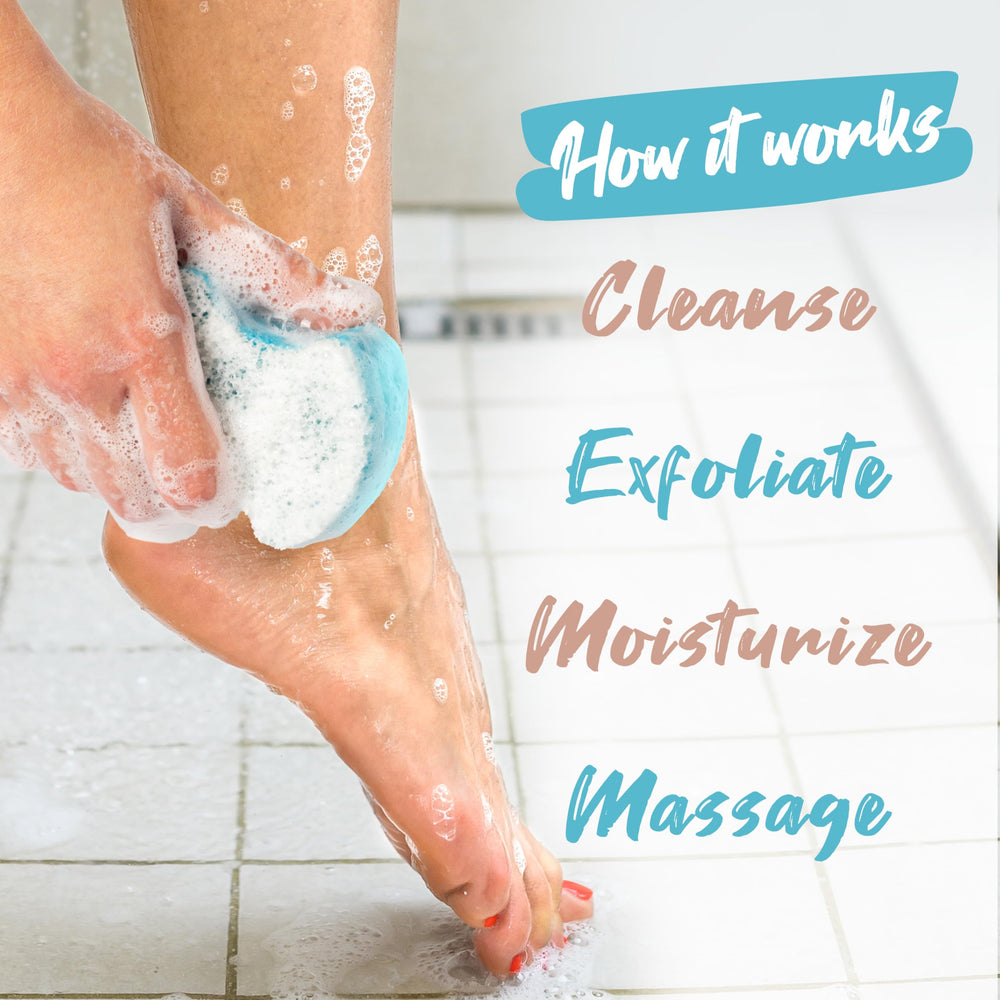 Spongeables Pedi Scrub Sponge enriched with olive oil and Vitamin E for hydration.