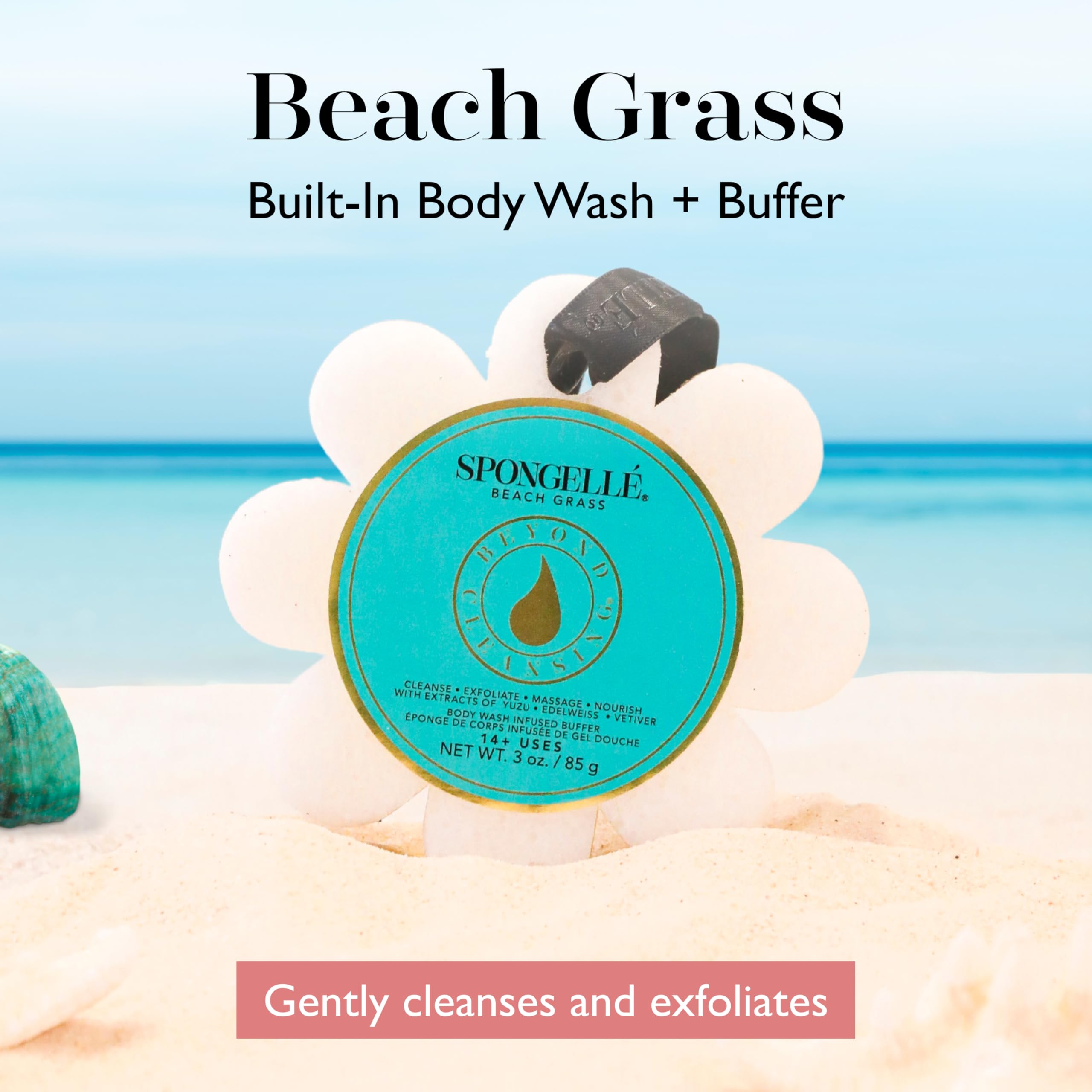 Spongellé Beach Grass Wild Flower Buffer sponge closeup shows premium texture
