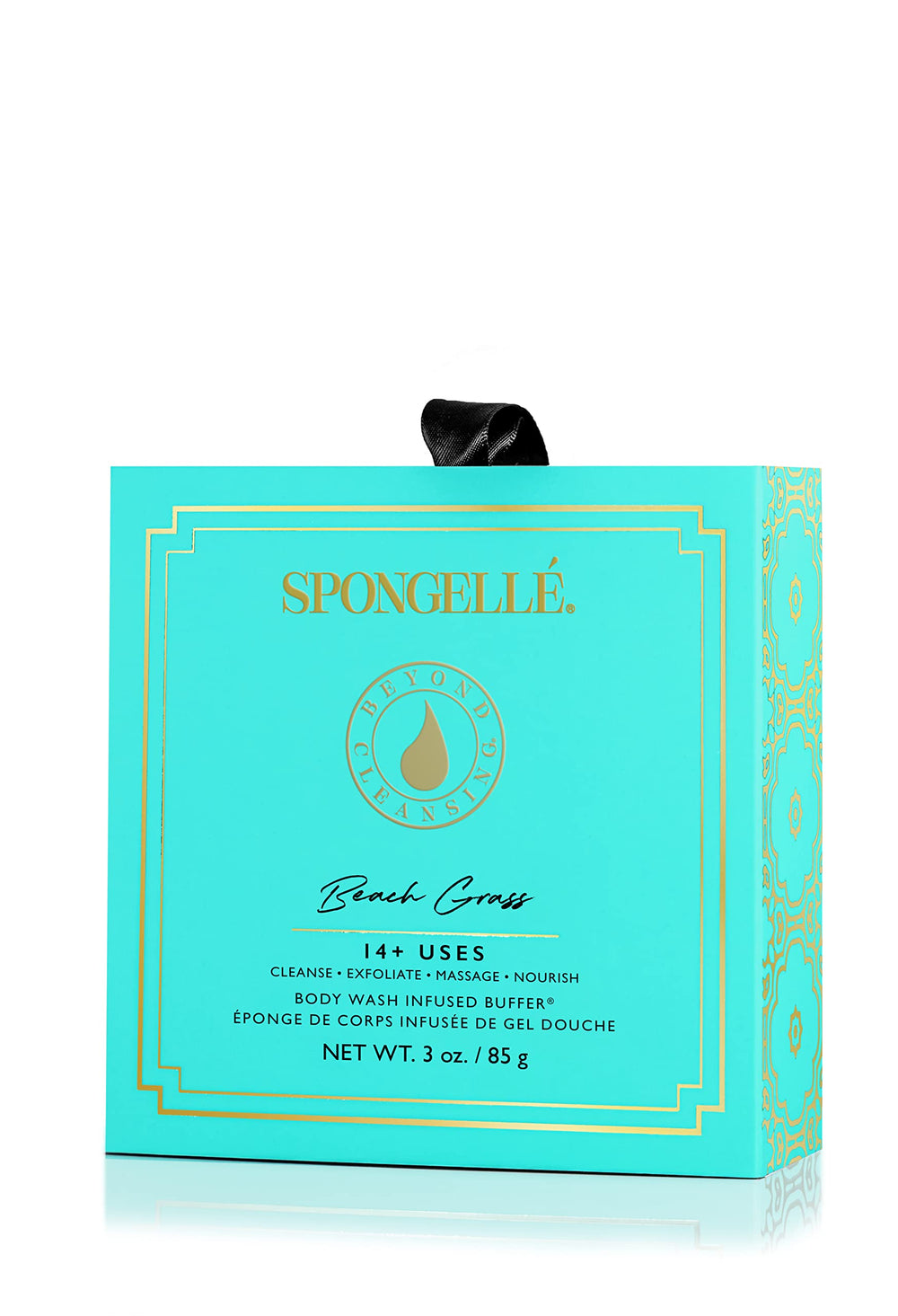 SPONGELLÉ Boxed Flower Buffer Beach Grass close-up reveals rich lather for cleansing and exfoliation.