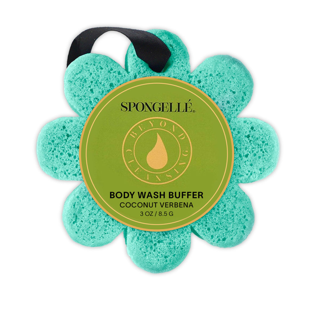 SPONGELLÉ Coconut Verbena Wild Flower Buffer bath sponge ready for a spa-like cleanse and exfoliation.