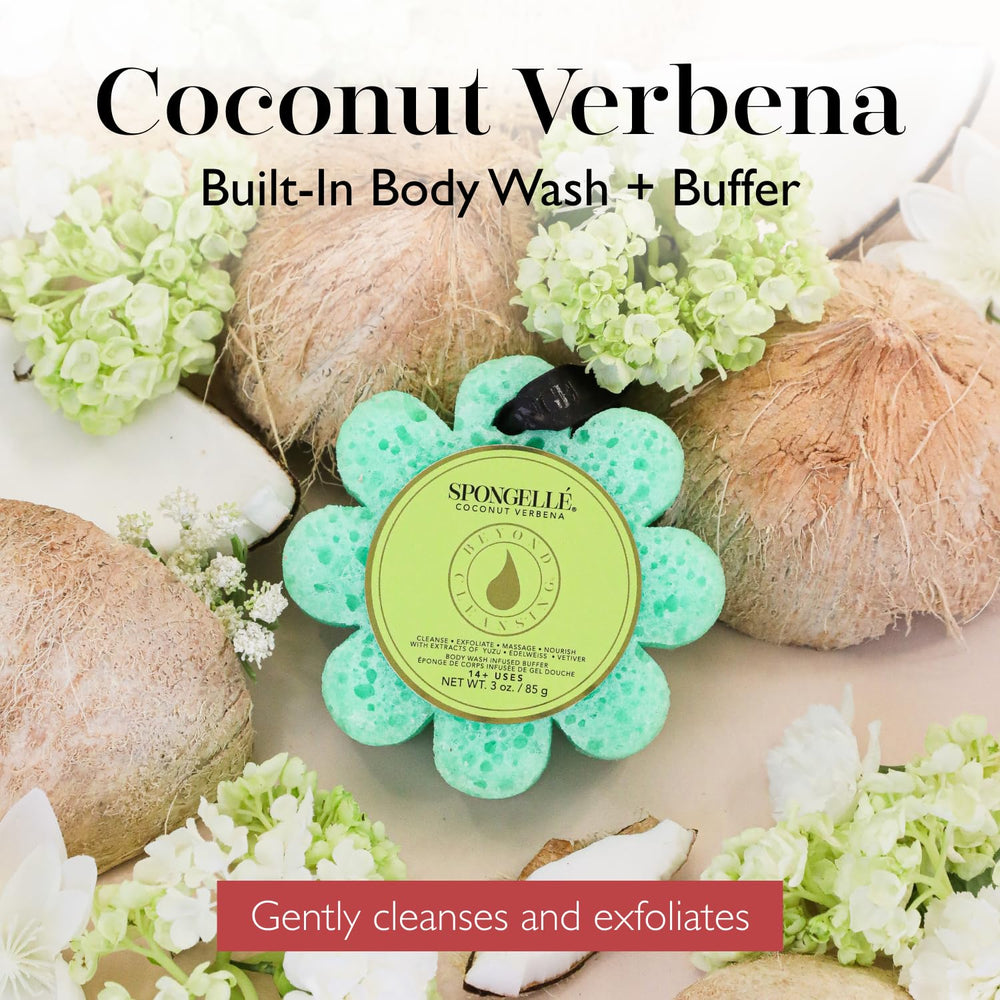 SPONGELLÉ Coconut Verbena Wild Flower Buffer built-in body wash ready for seamless showering.