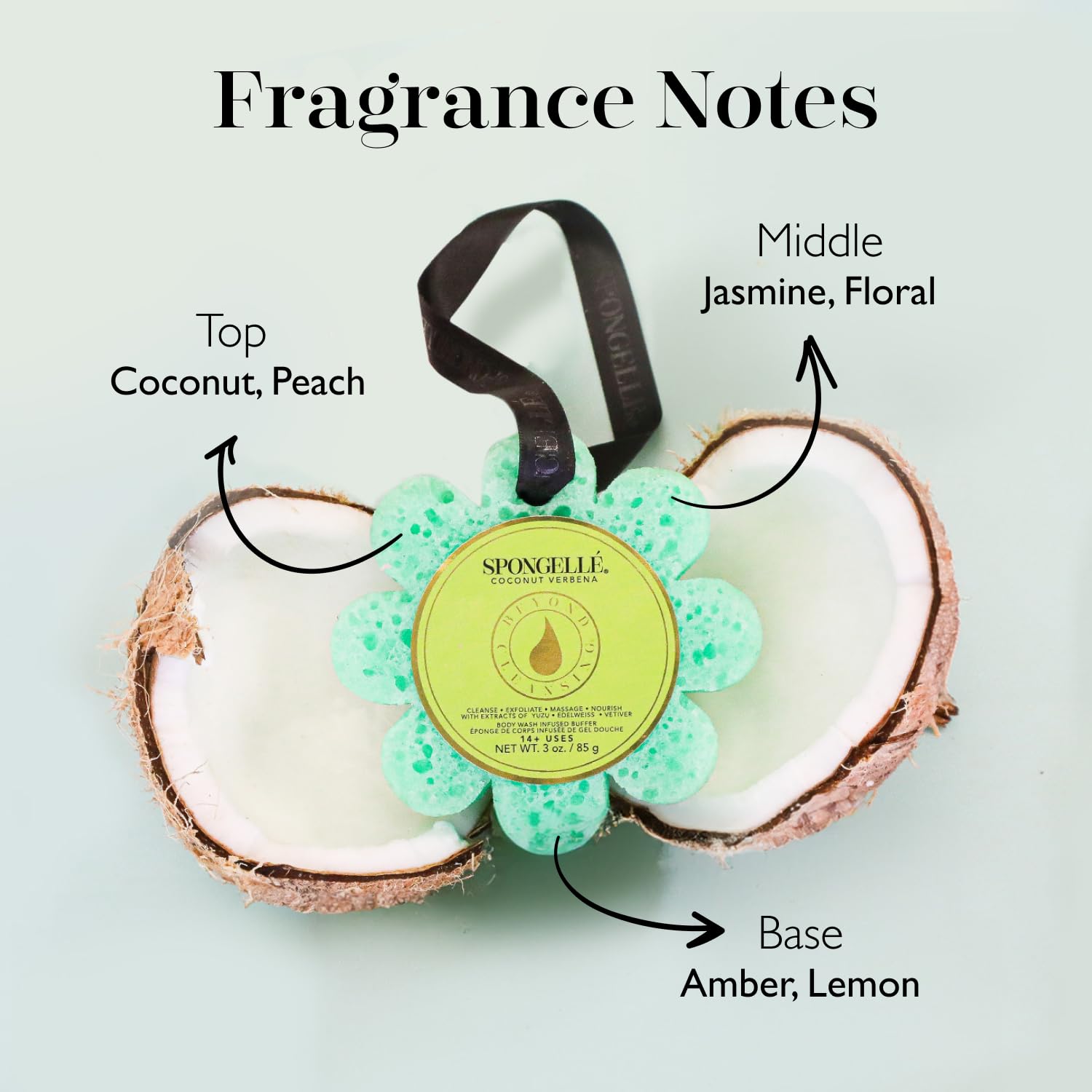 SPONGELLÉ Coconut Verbena Wild Flower Buffer exfoliation action with refreshing coconut-verbena scent.