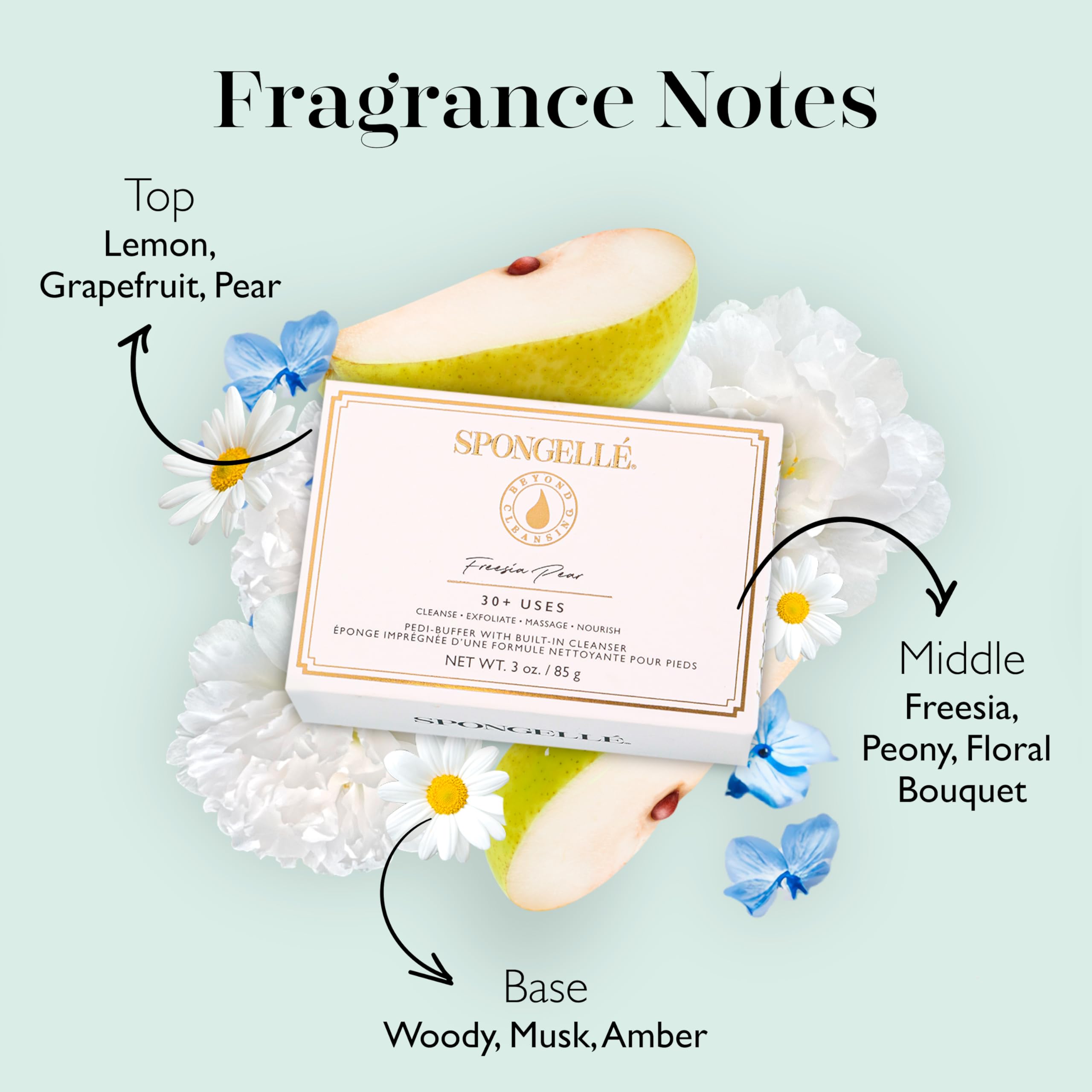 Spongellé Freesia Pear Pedi-Buffer built-in cleanser highlights instant cleansing for easy foot care.