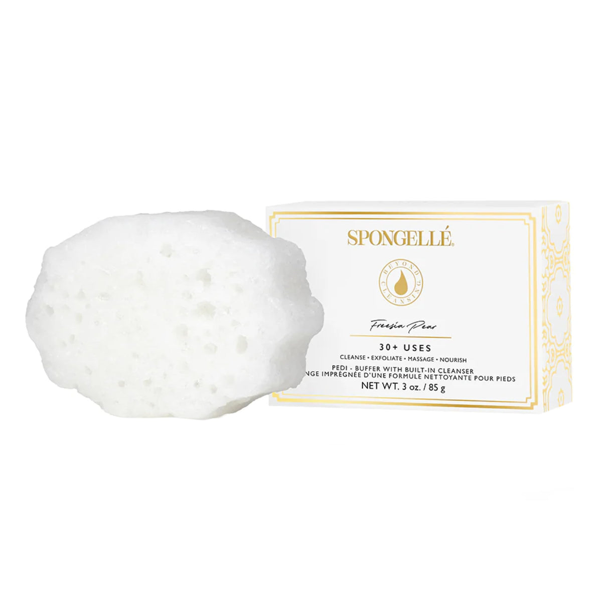 Spongellé Freesia Pear Pedi-Buffer front view demonstrates dual exfoliation and cleansing for home pedicures.