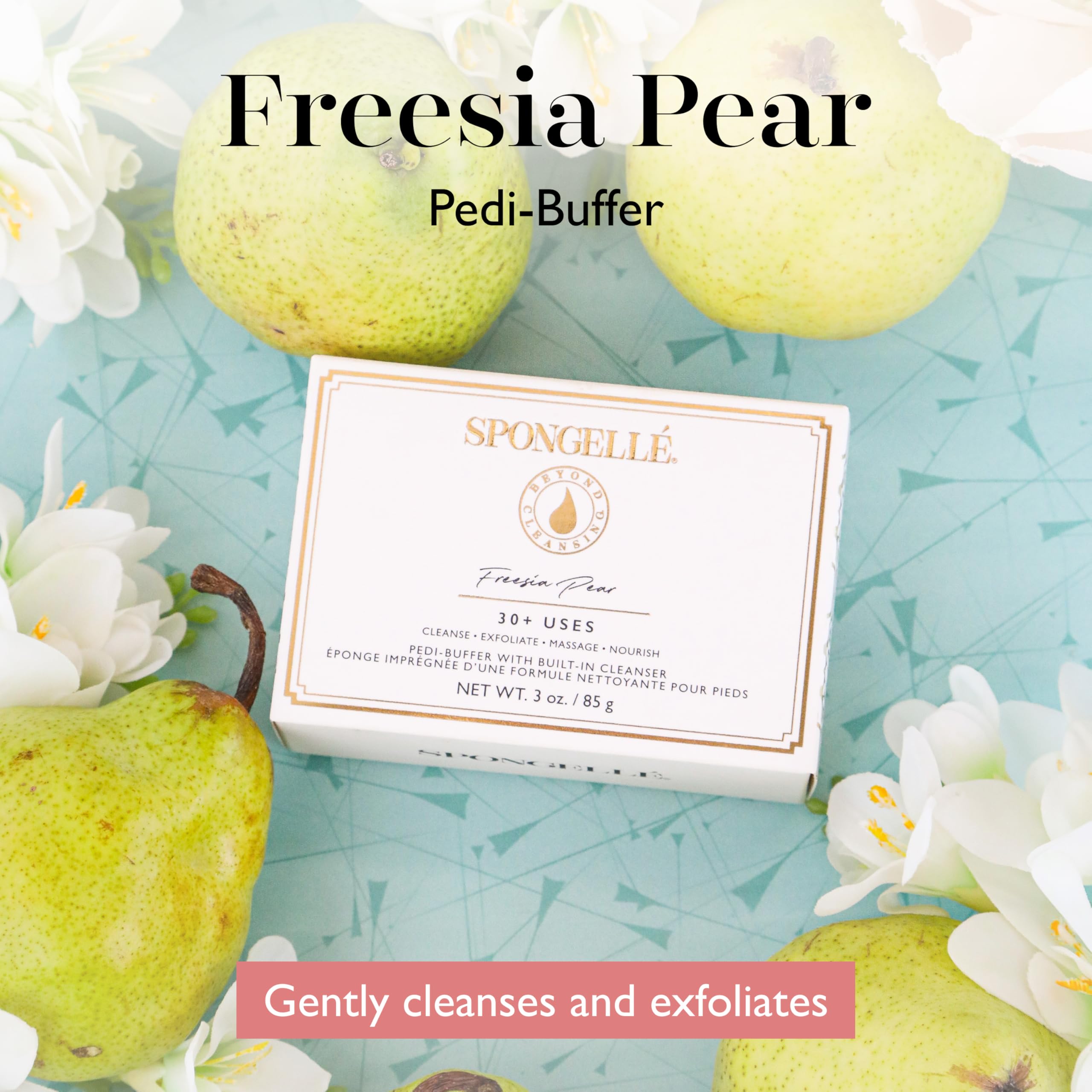 Spongellé Freesia Pear Pedi-Buffer packaged shows convenient spa-like foot care in one tool.
