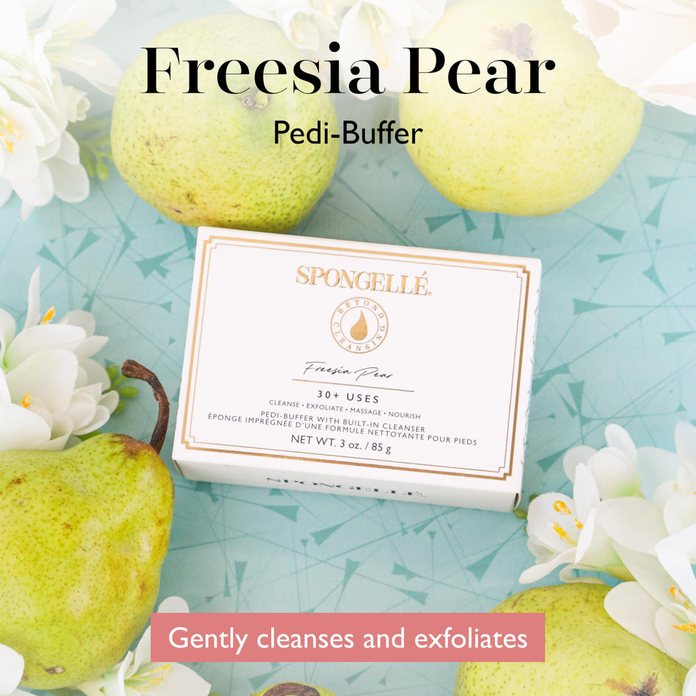 Spongellé Freesia Pear Pedi-Buffer packaged shows convenient spa-like foot care in one tool.