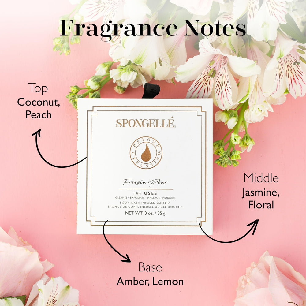 Spongellé Freesia Pear Wild Flower Buffer wash-infused formula simplifies cleansing.