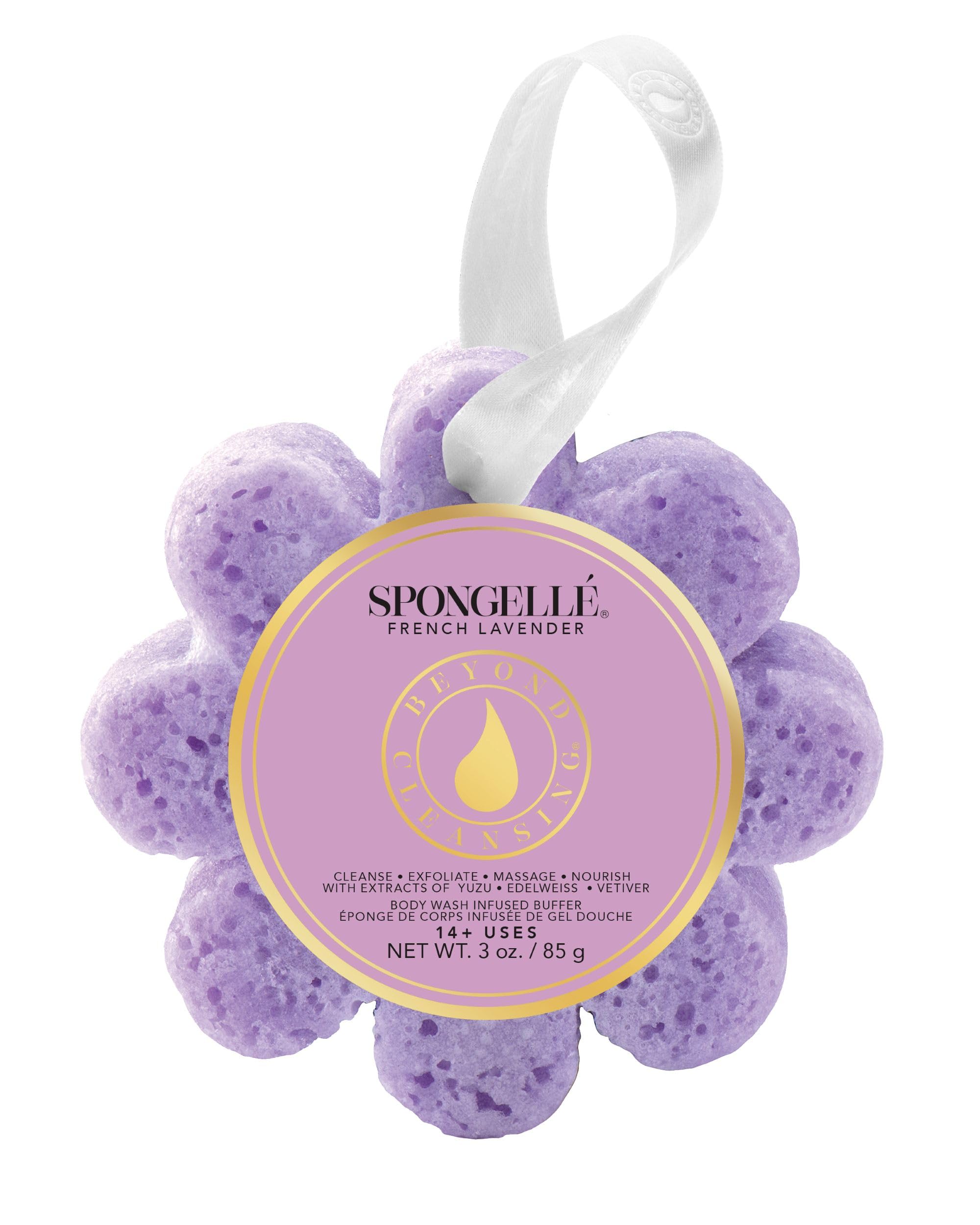 SPONGELLÉ buffer with handle for easy, targeted exfoliation.