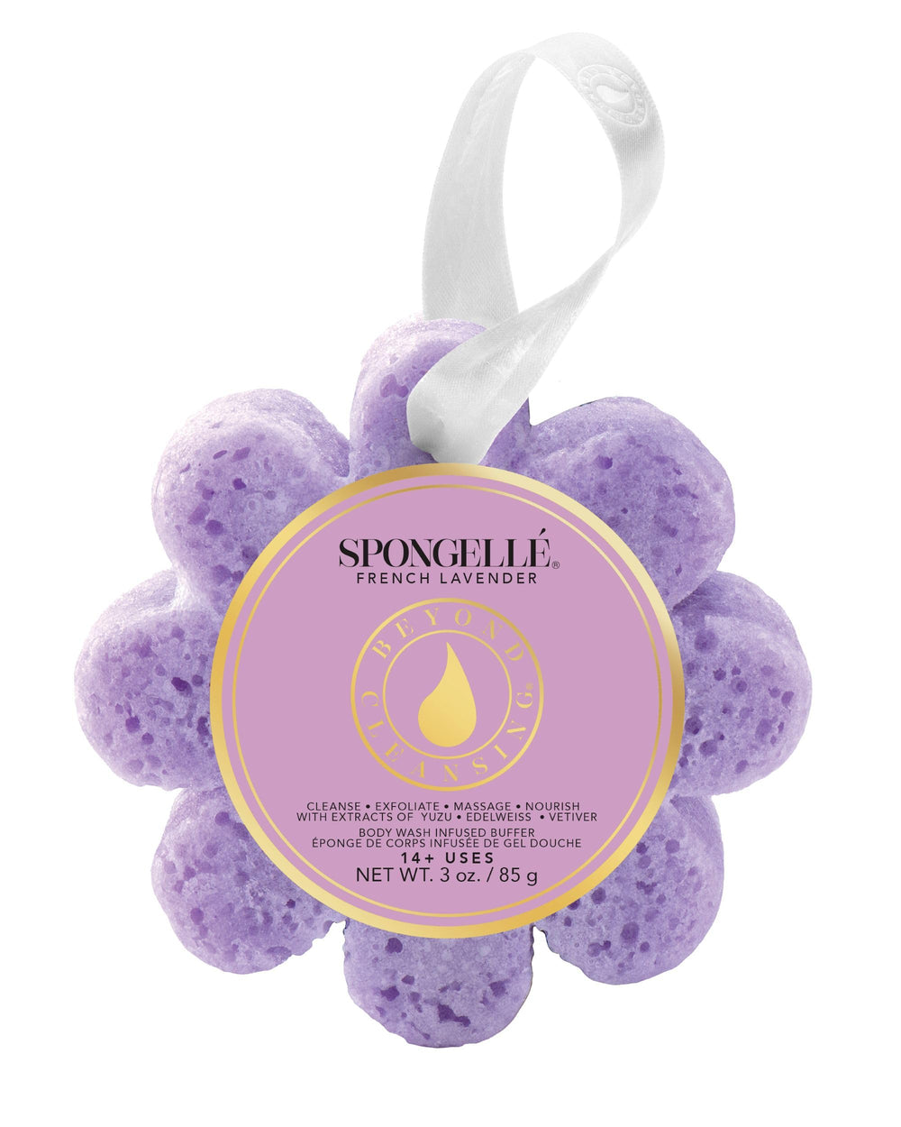 SPONGELLÉ buffer with handle for easy, targeted exfoliation.