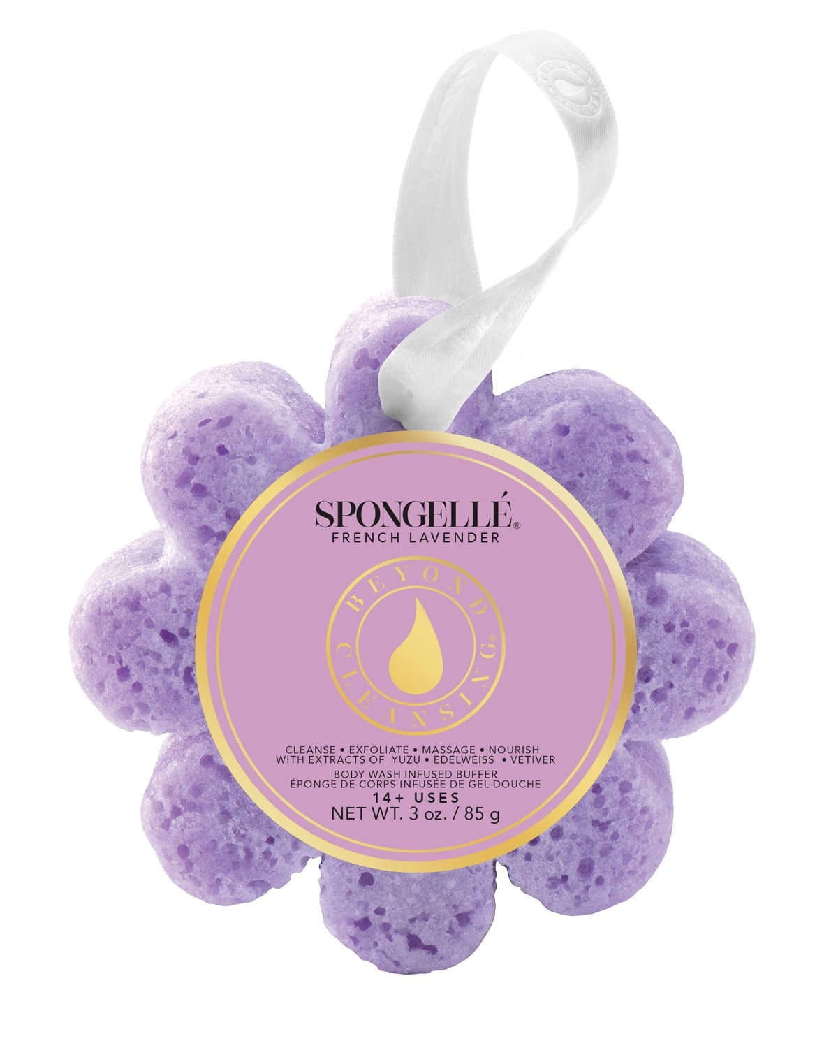 SPONGELLÉ buffer with handle for easy, targeted exfoliation.