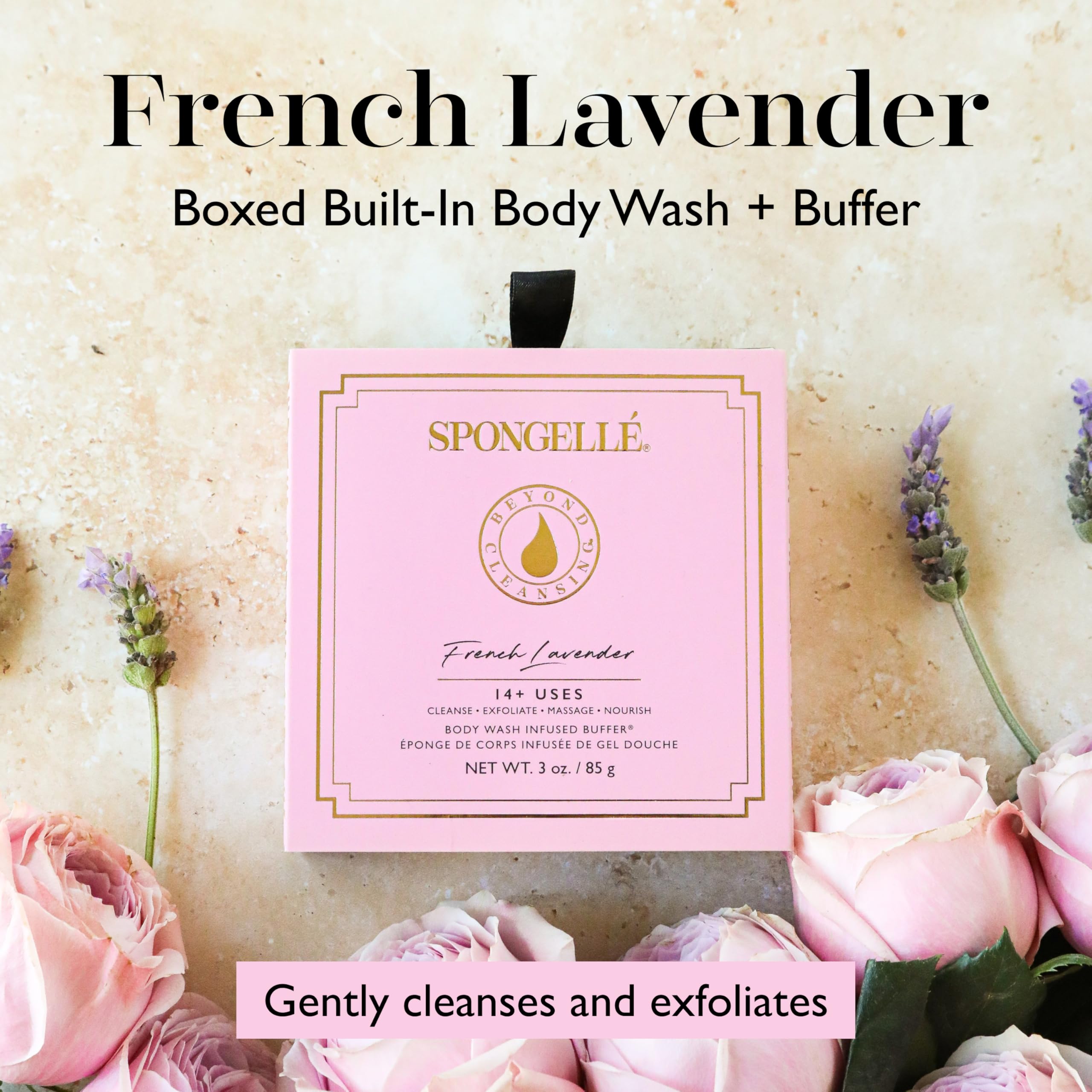 SPONGELLÉ French Lavender Buffer open shows built-in wash and scrub in one