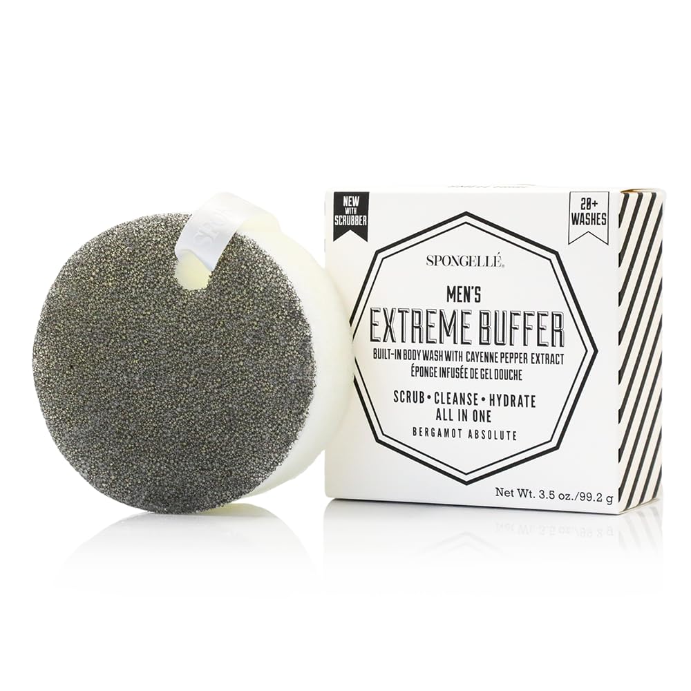 SPONGELLÉ Men's Extreme Buffer Bergamot Absolute White pack shot highlighting daily-use body wash sponge