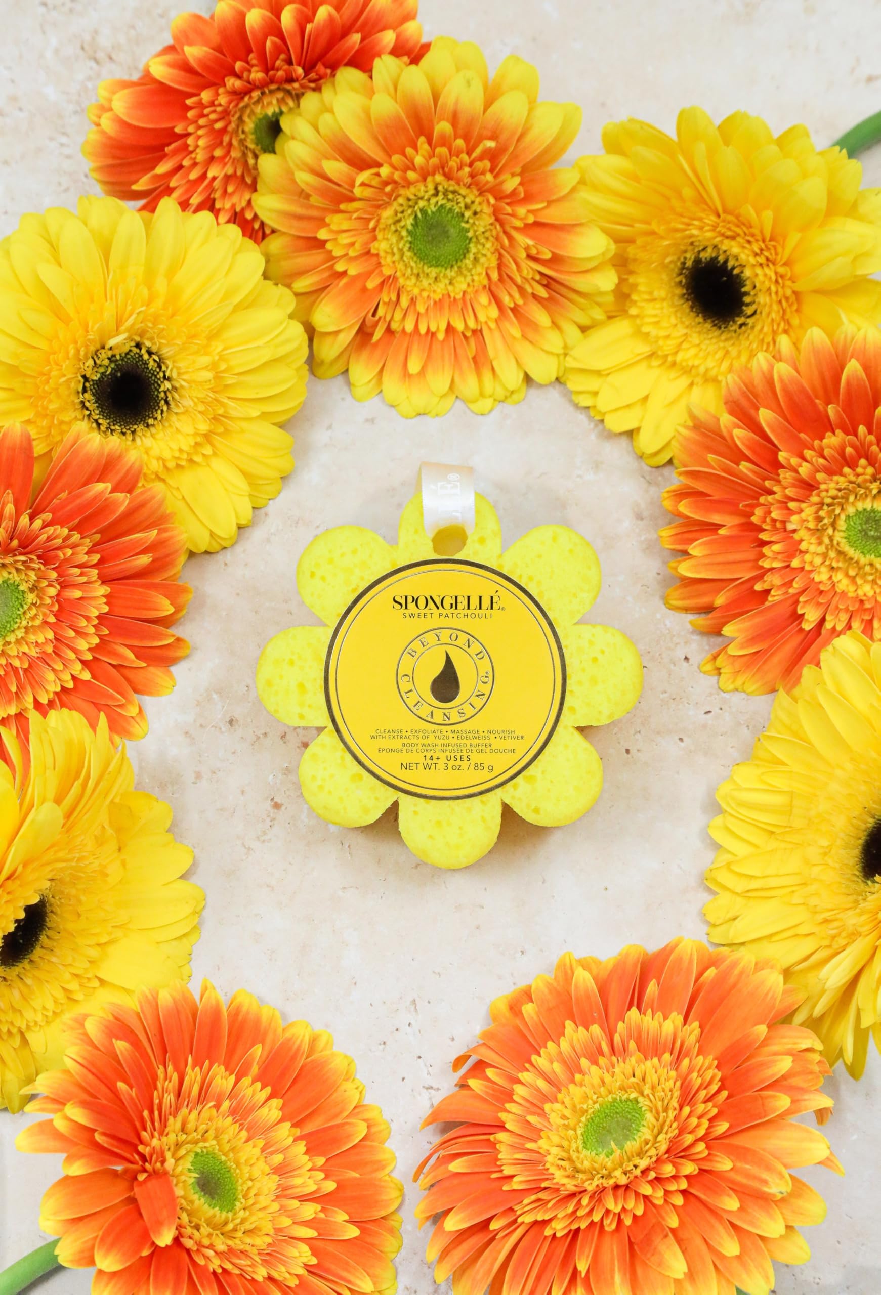 SPONGELLÉ Sweet Patchouli Wild Flower dermatologist-tested badge confirms safe daily use