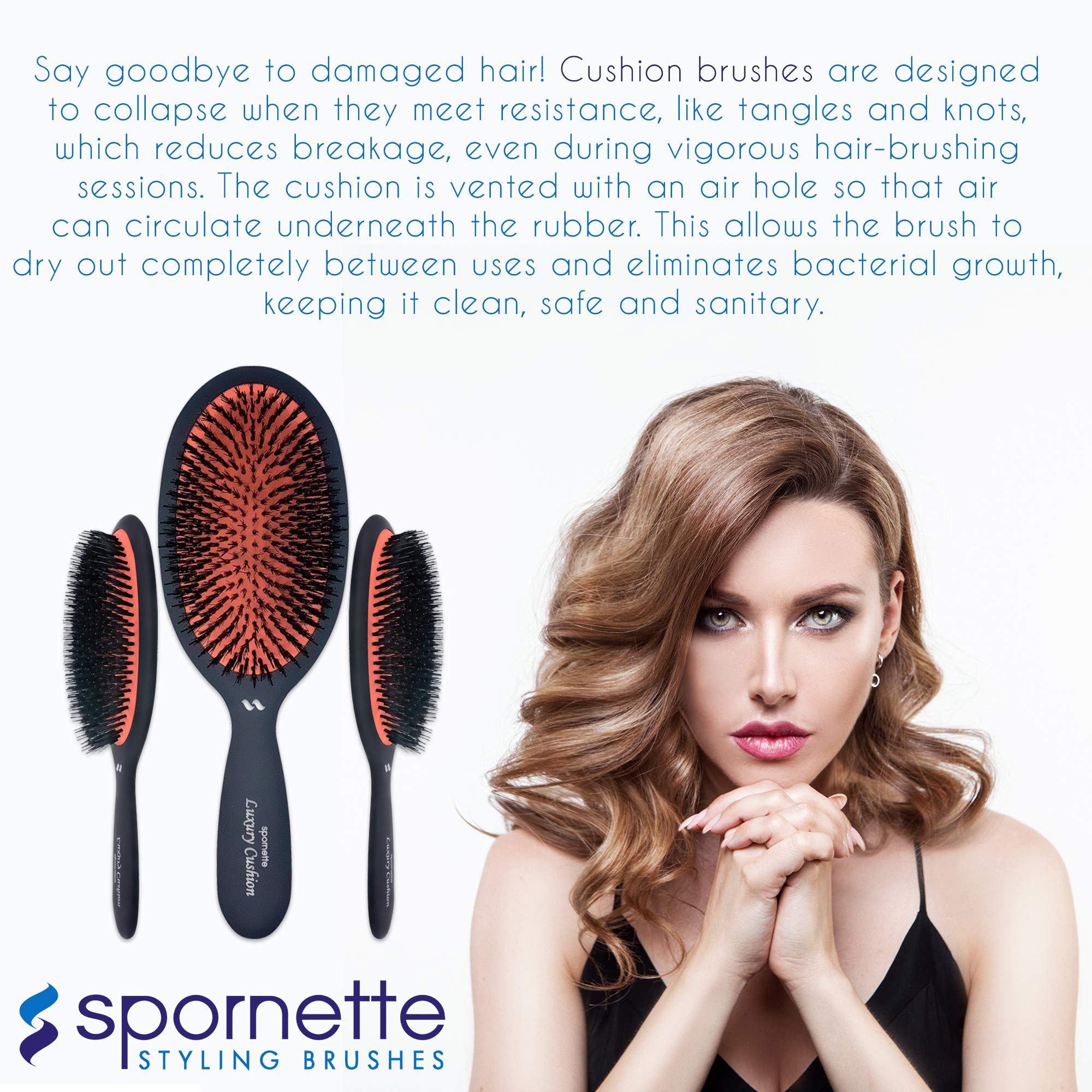 Spornette boar bristle brush detangling action during wet hair routine