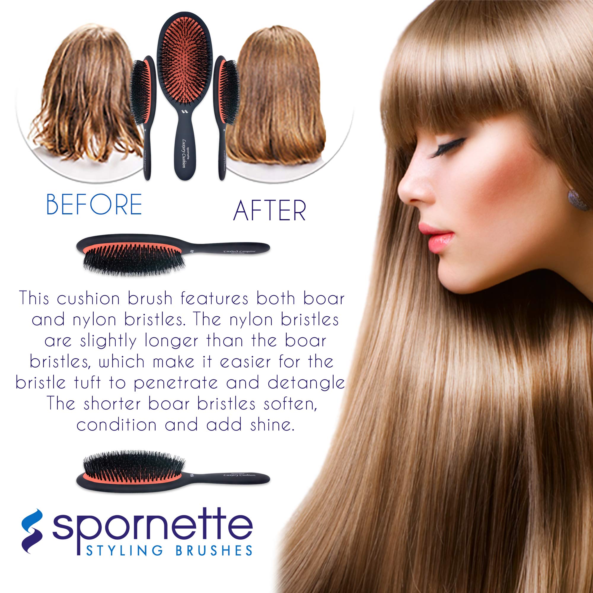 Spornette boar bristle brush lightweight design ideal for long styling sessions