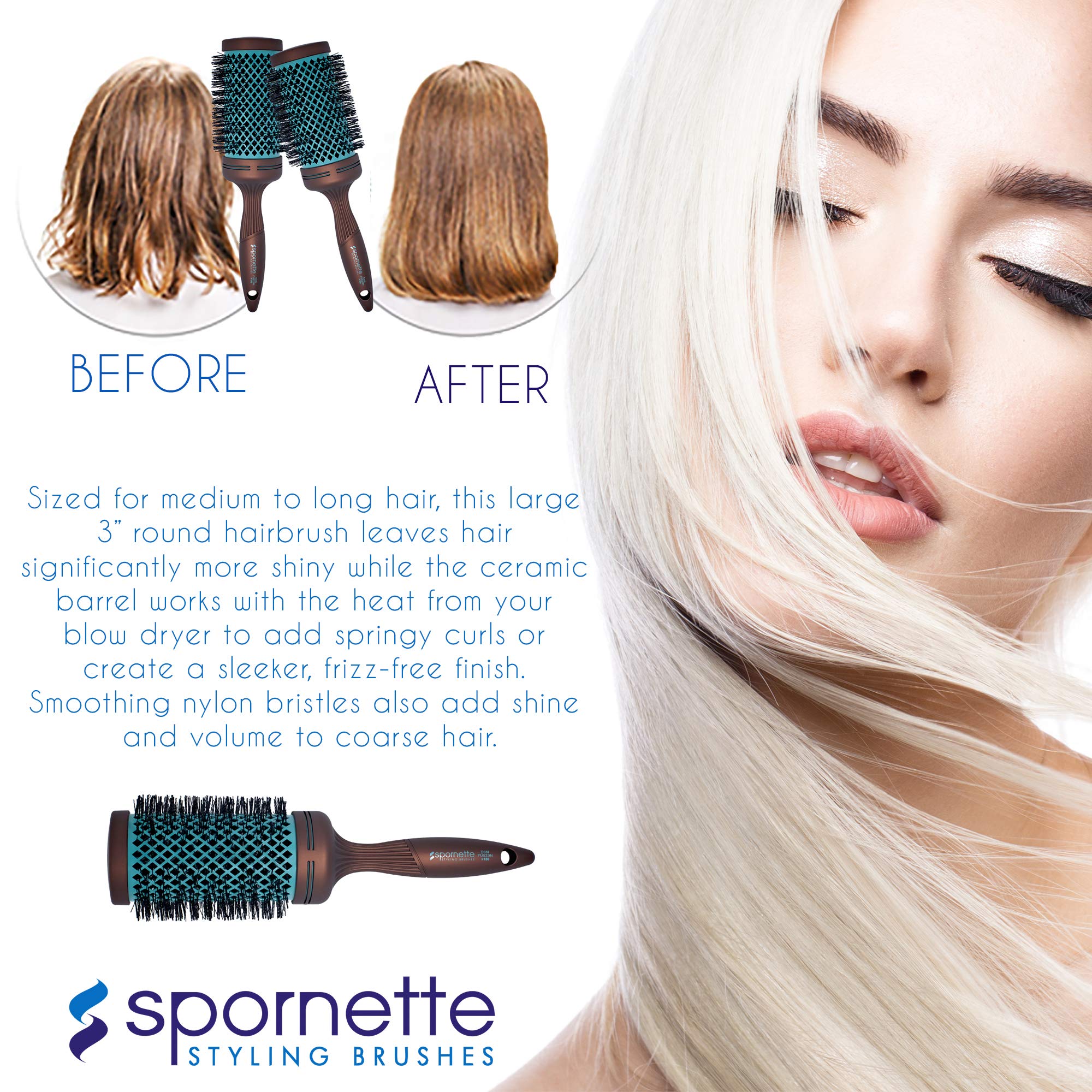 Spornette crimped bristles grip thick hair for controlled blowouts.