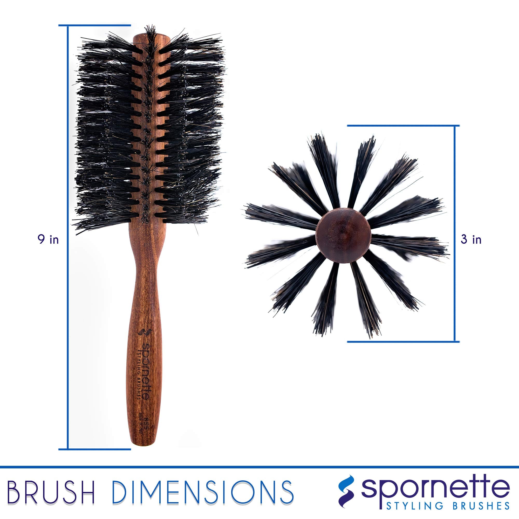 SPORNETTE boar bristles distribute natural oils for shiny, frizz-free results.