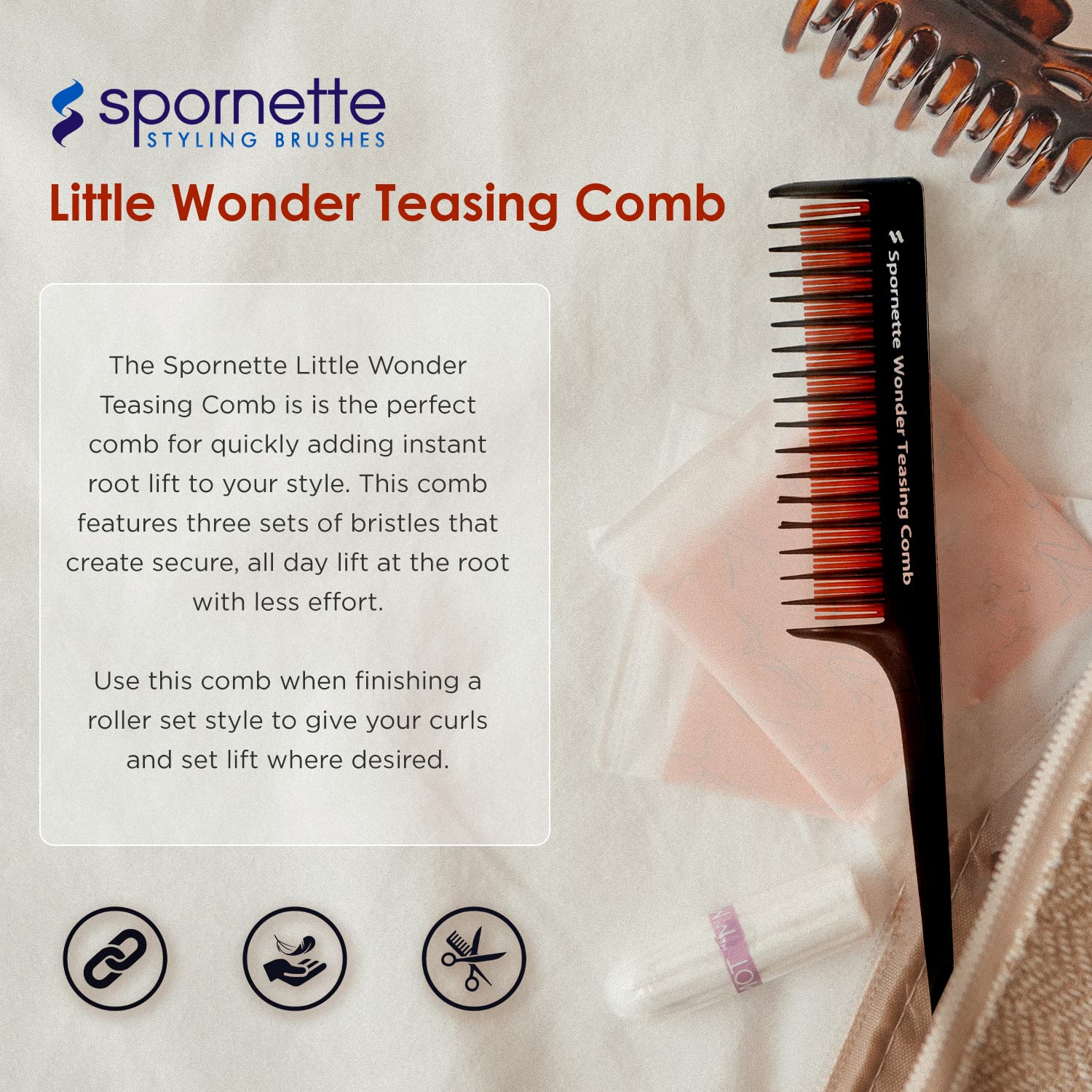 Spornette Little Wonder Rat Tail Comb showing instant root lift for fine hair.