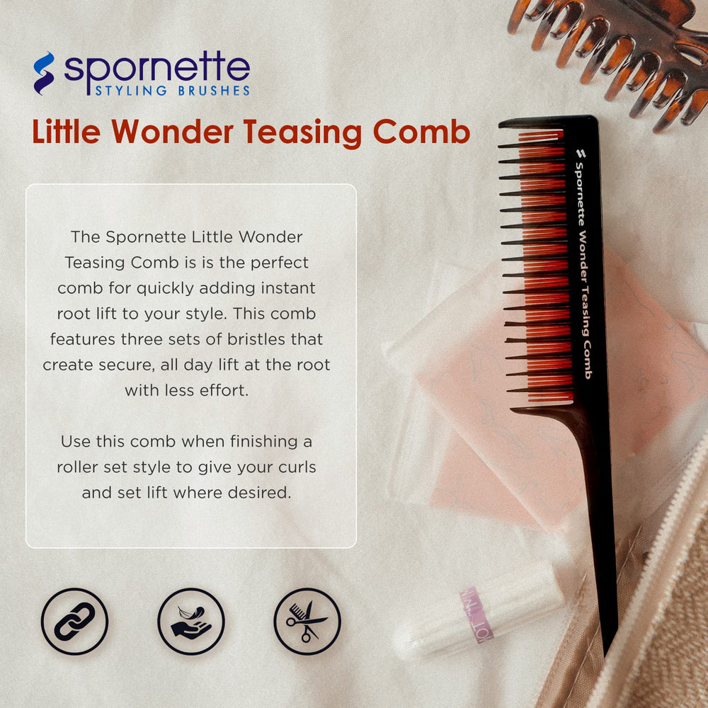 Spornette Little Wonder Rat Tail Comb showing instant root lift for fine hair.