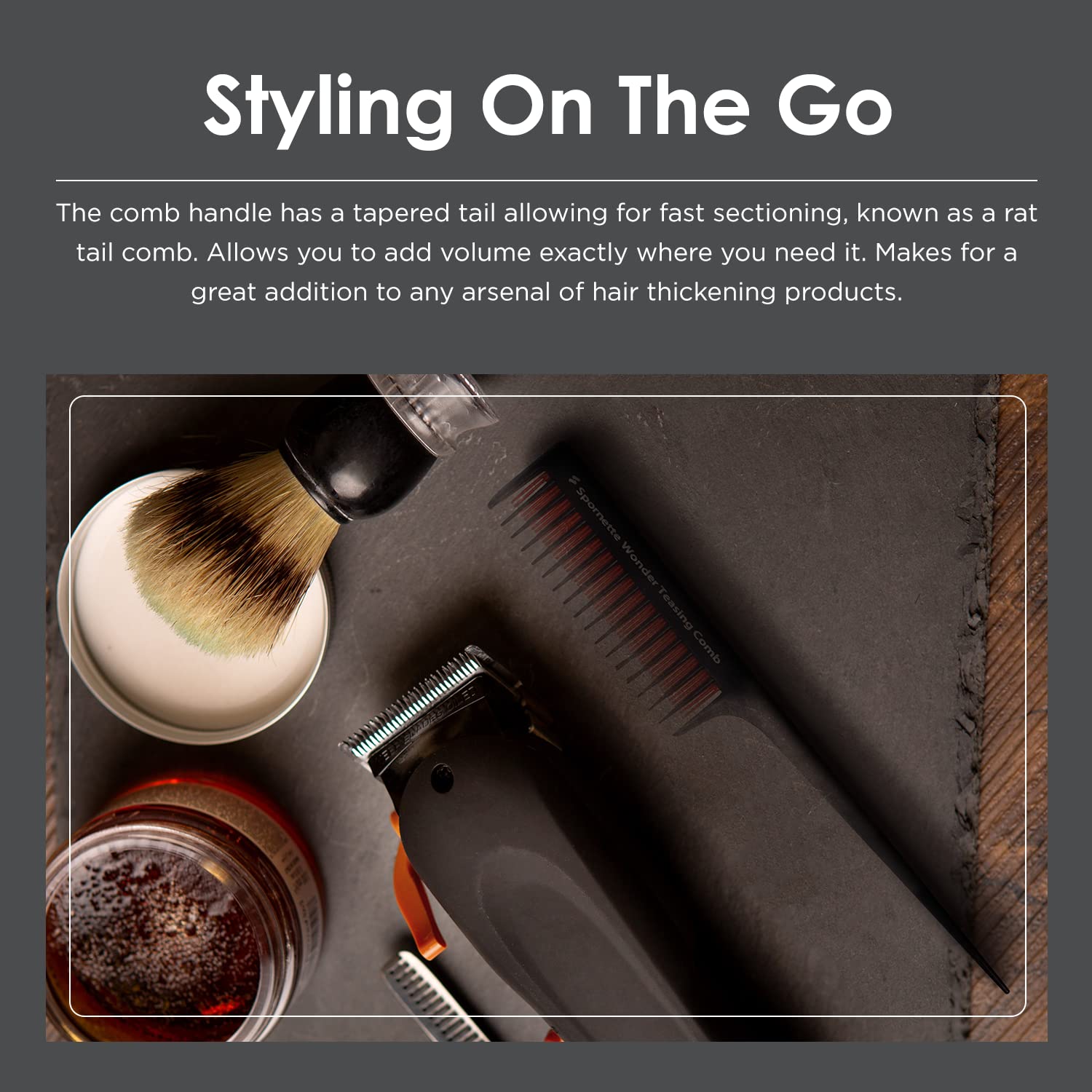 Spornette Little Wonder Rat Tail Comb with three-length teeth for quick teasing and detangling.