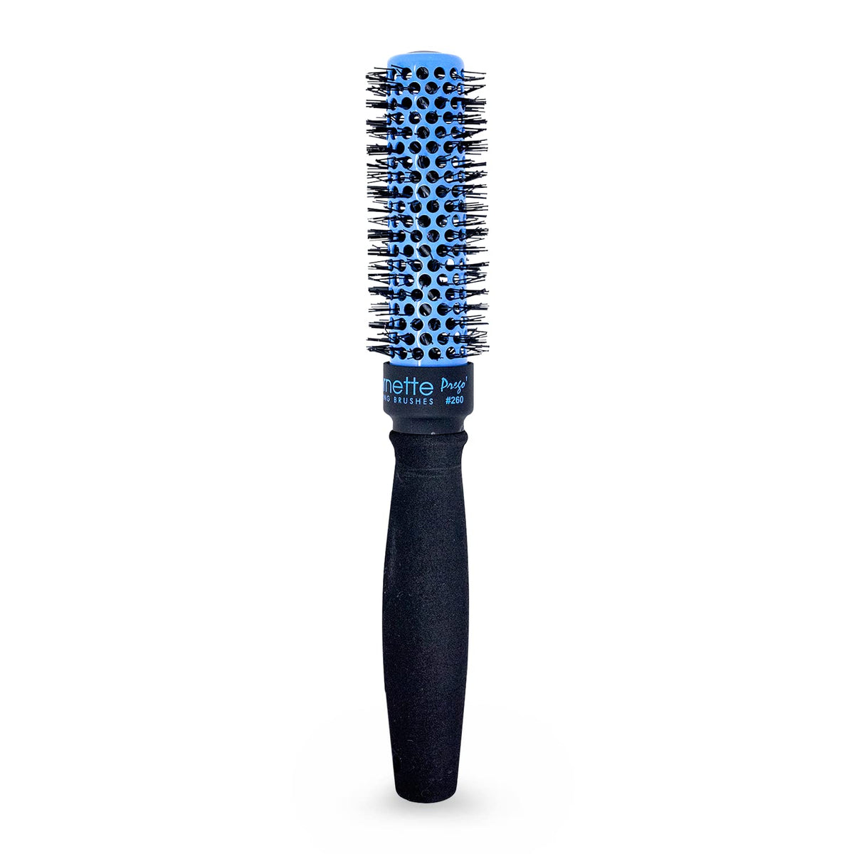 Spornette Prego handle closeup, comfortable foam grip for extended styling sessions.