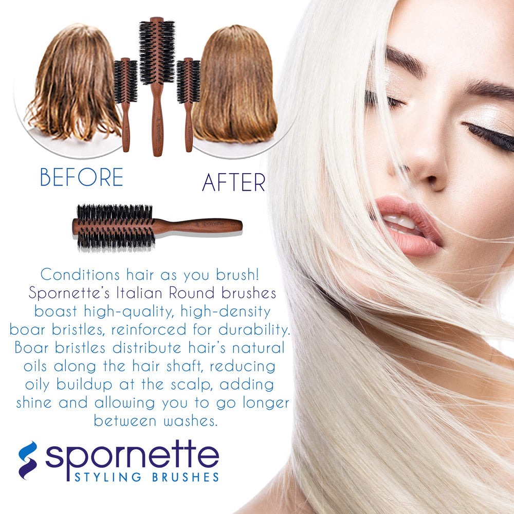 Spornette Italian round brush extension-friendly for gentle styling on wigs.