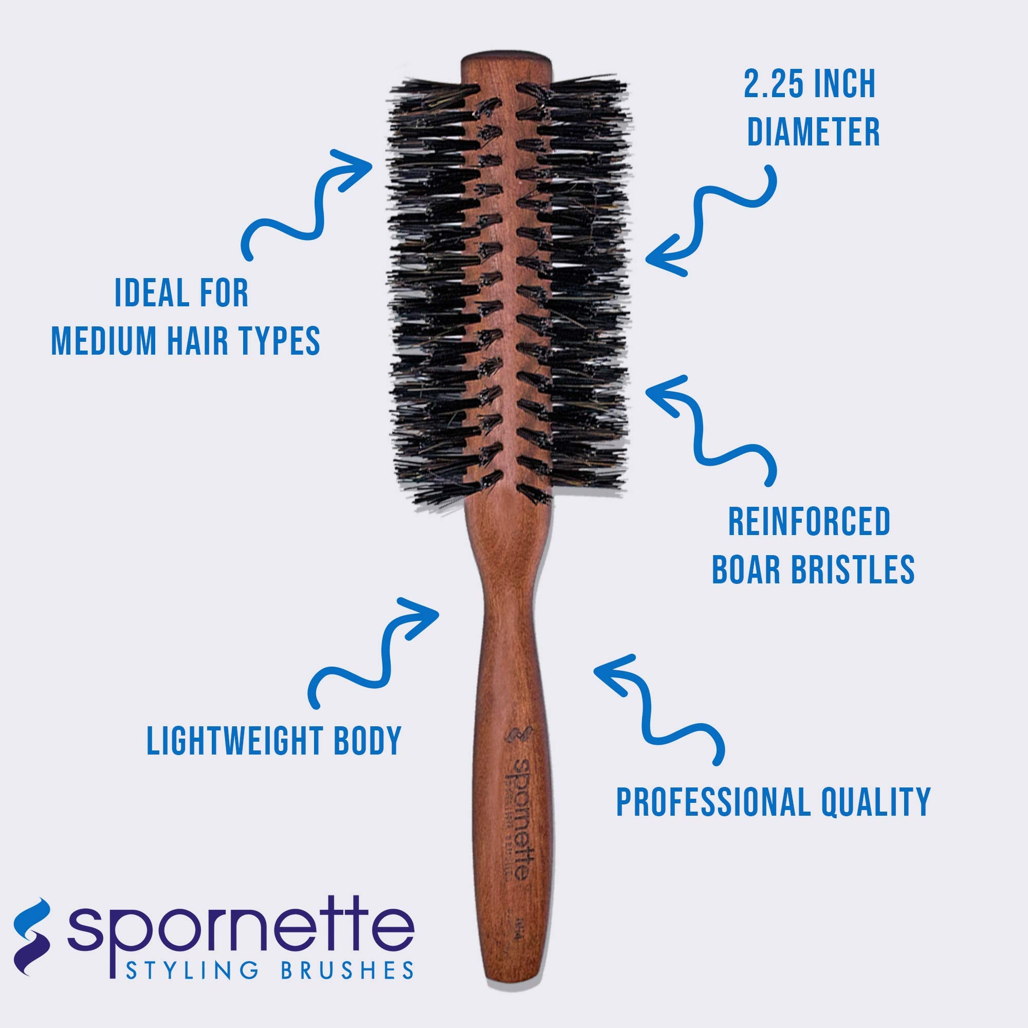 Spornette lightweight ergonomic brush reduces hand fatigue during styling.