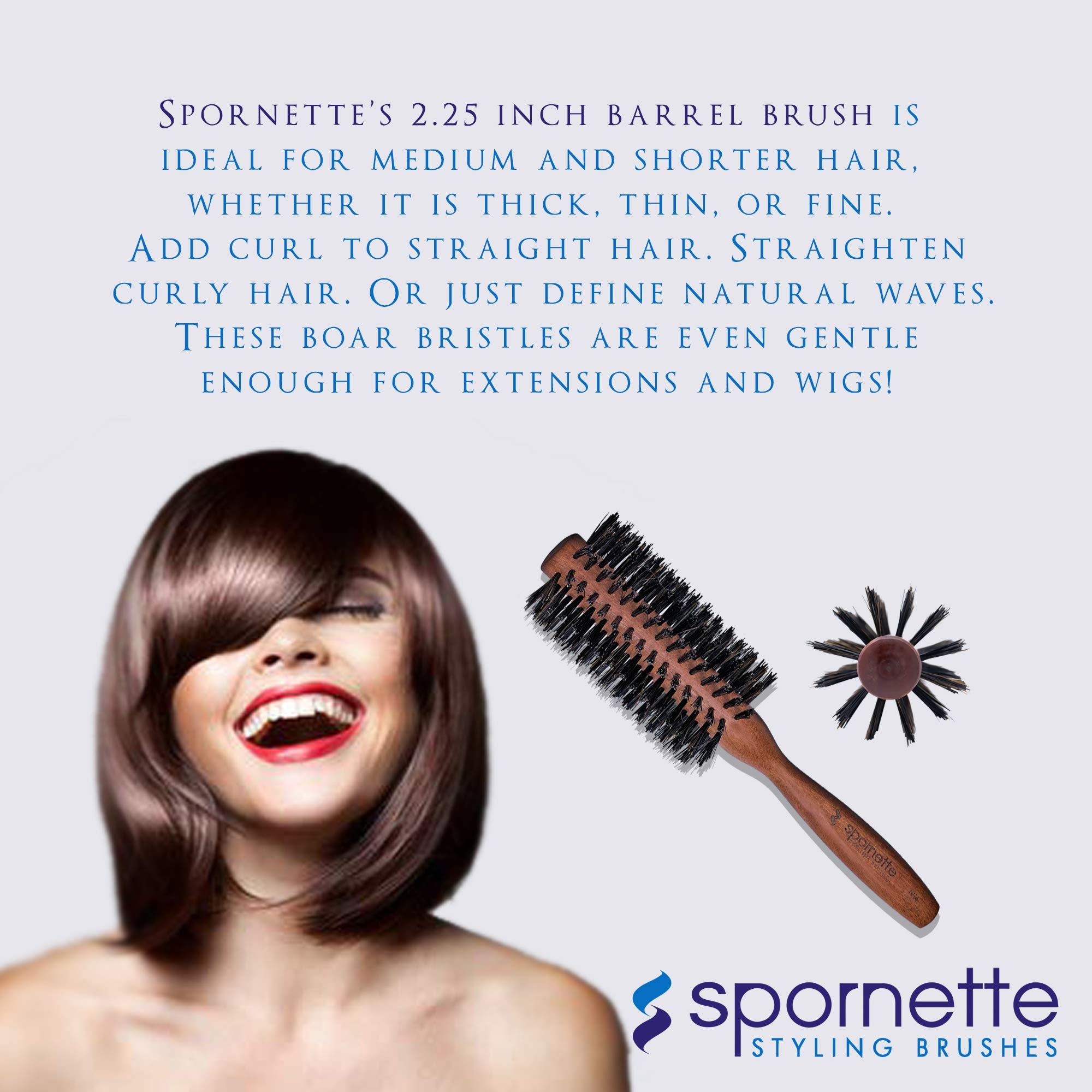 Spornette round brush smoothing frizz and refining curls for a polished look.