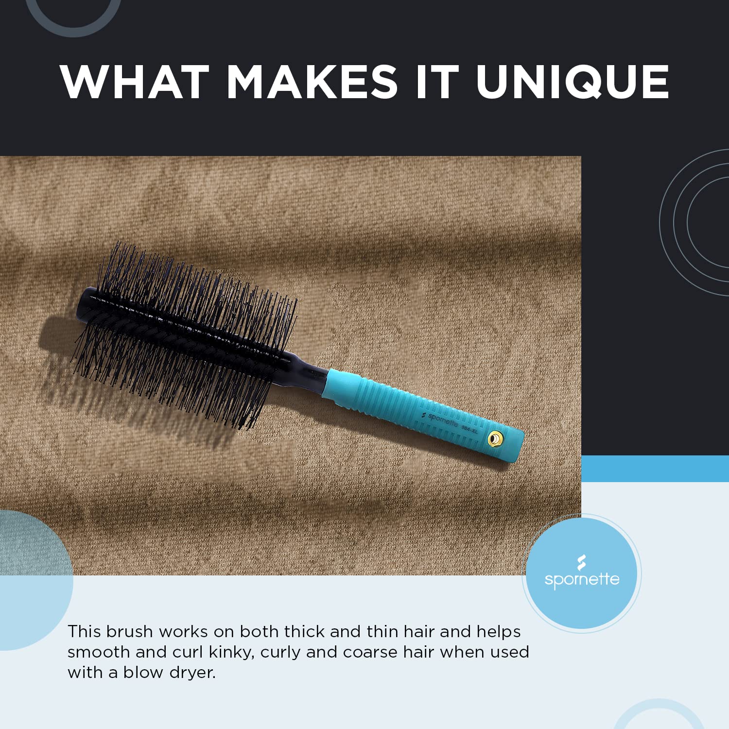 Spornette XL Rounder hair styling with dryer close-up demonstrates faster drying and smoother texture.