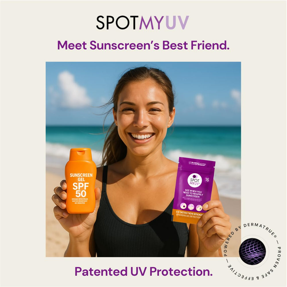 SpotMyUV detection sticker color changes to purple signaling reapplication.