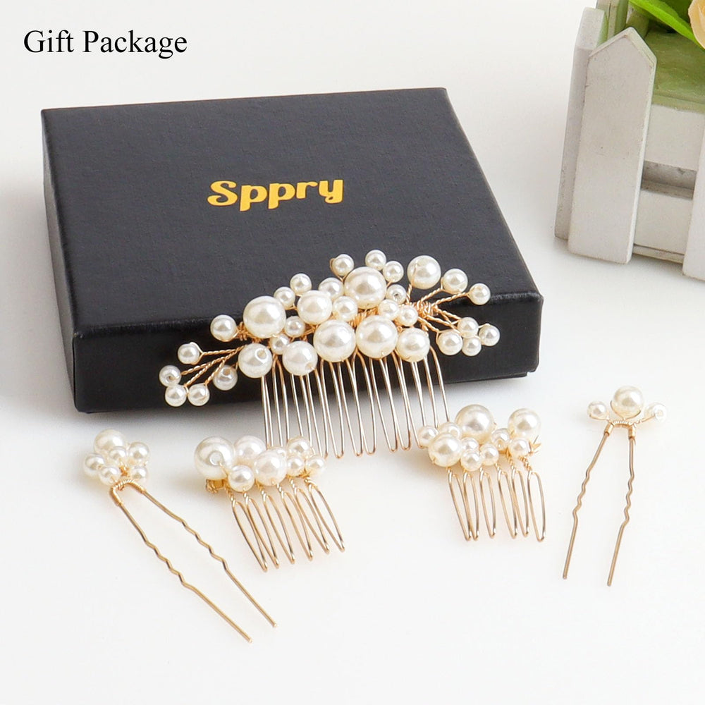 Sppry gold pearl hair combs in-hair view show lightweight, secure styling