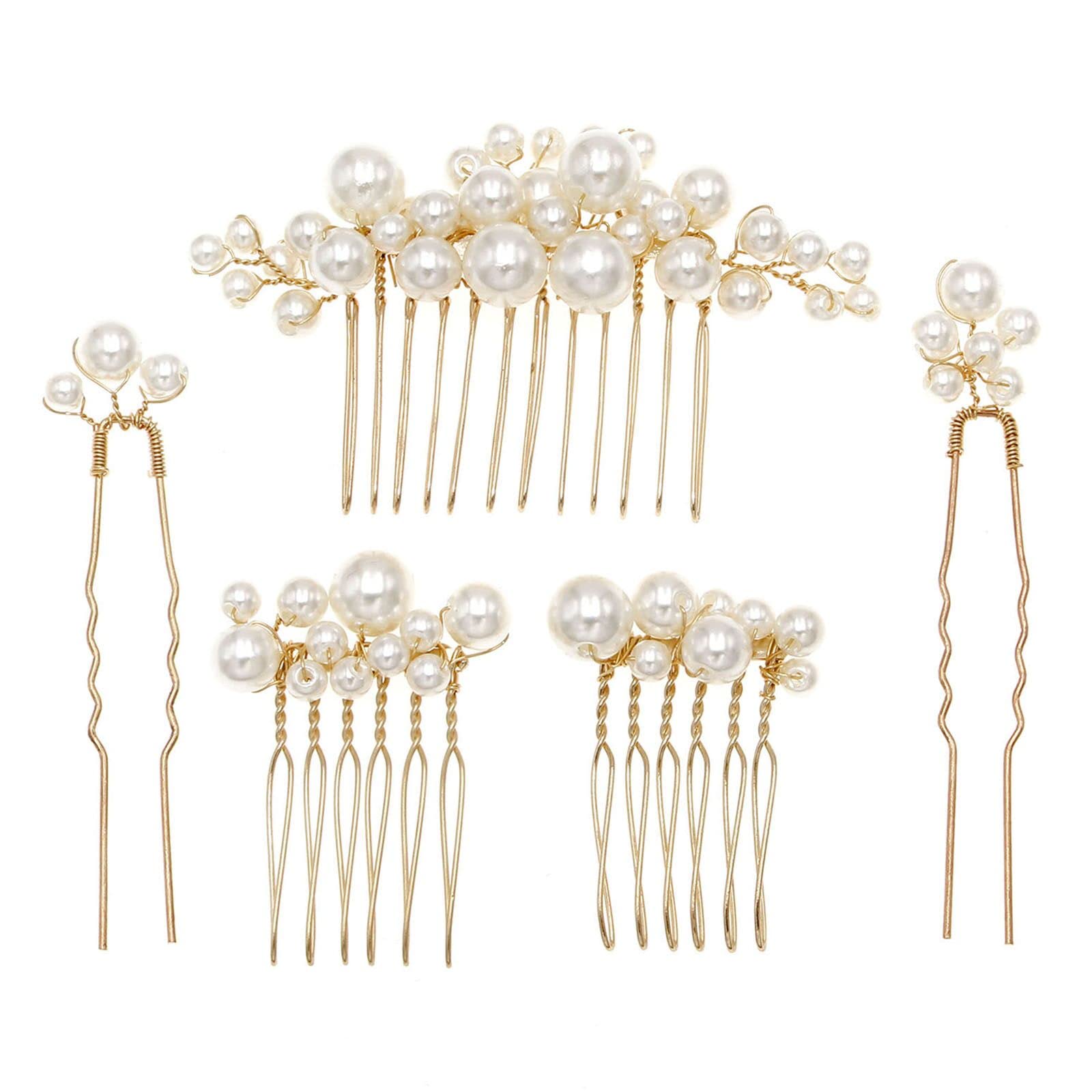 Sppry wedding pearl hair combs set in gold for secure bridal updos