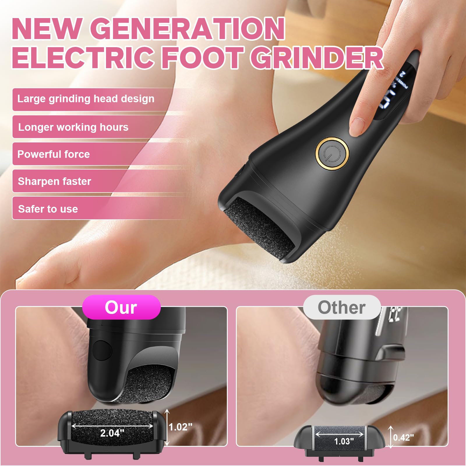 Spriak 3 roller heads close-up highlight enlarged quartz heads for efficient dead skin removal.
