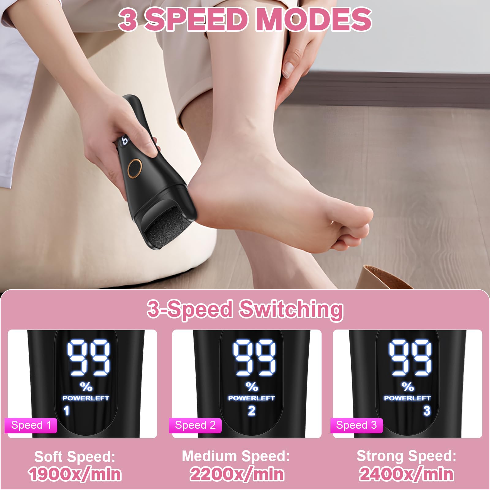 Spriak foot file with LCD display and adjustable speeds aids precise control.