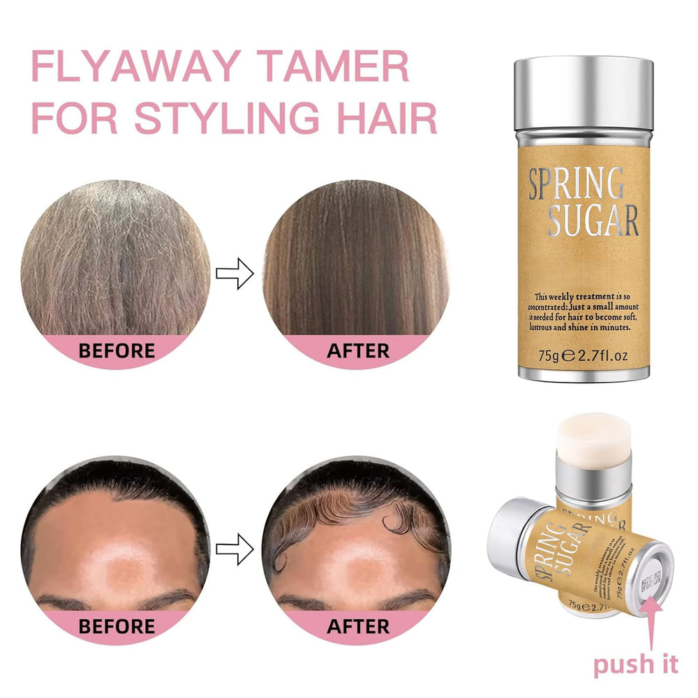 SPRINGSUGAR hair wax stick being applied to hair for sleek frizz control