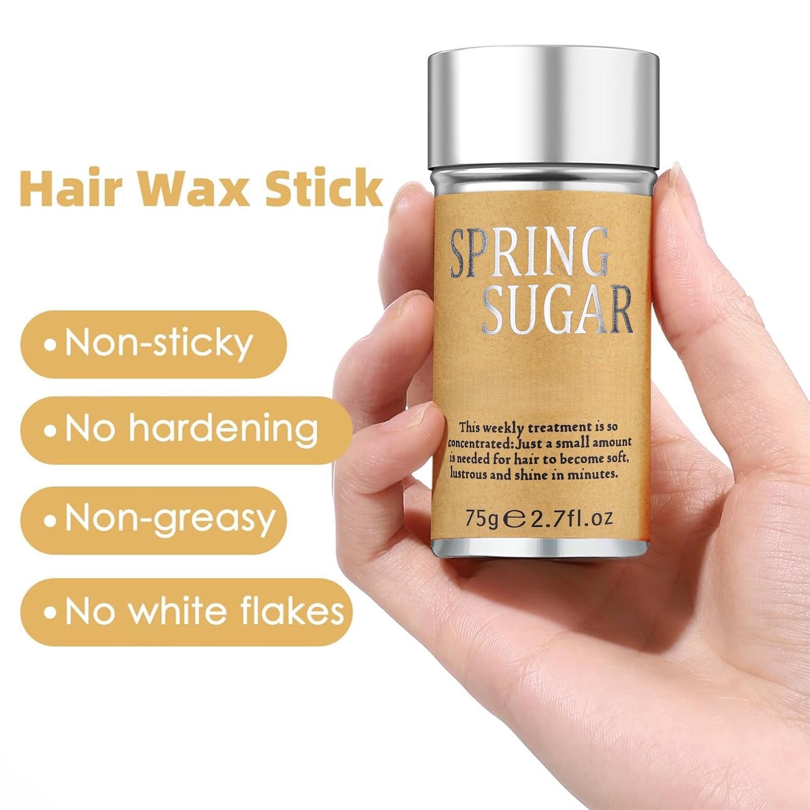 SPRINGSUGAR retractable hair wax stick in hand for mess-free travel touch-ups