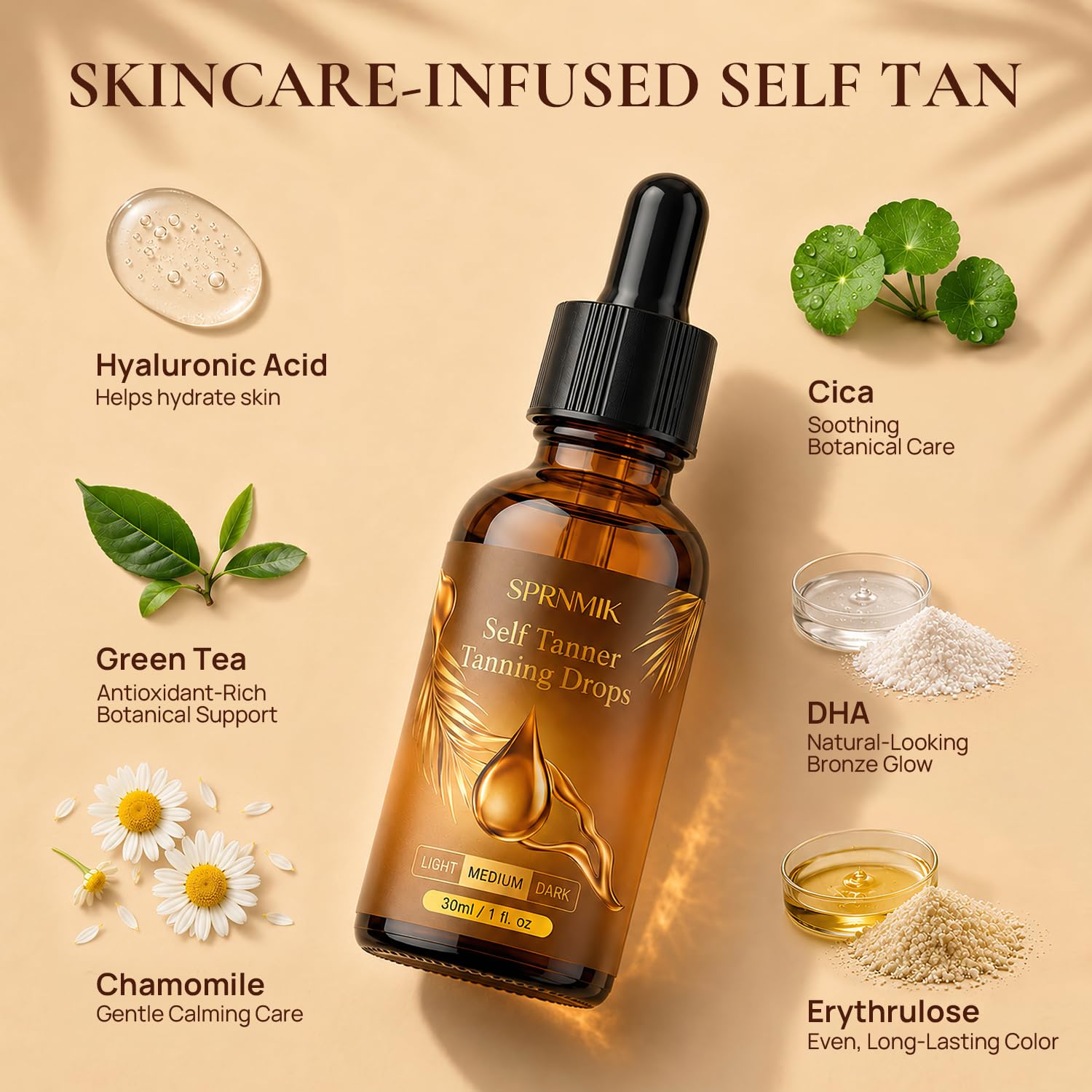 Sprnmik drops blended into body lotion applied on arm for even bronze