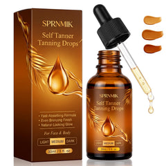 Sprnmik bottle front view showing product and benefit of natural tan