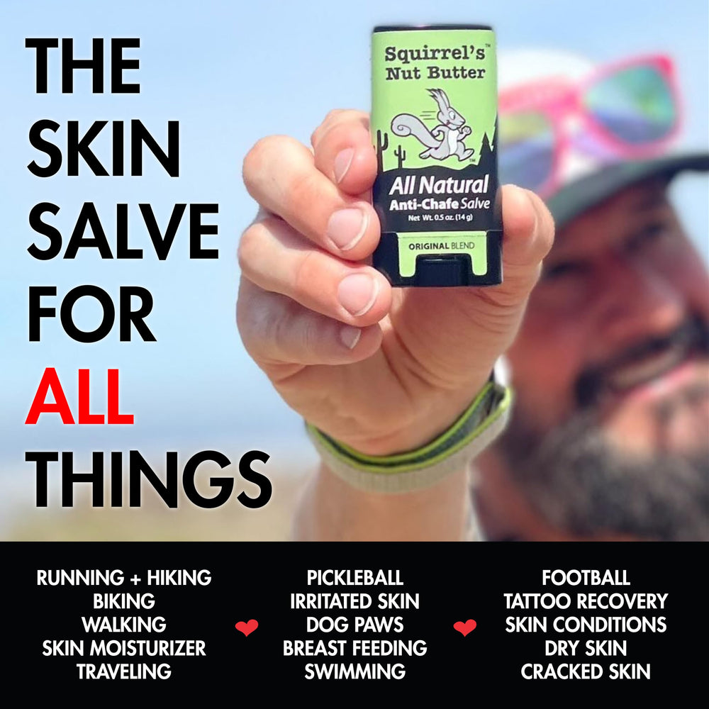 Squirrel's Nut Butter Anti Chafe Stick post-race care soothes irritated skin.