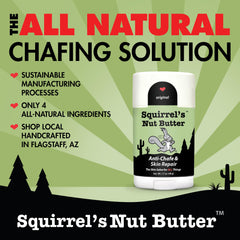 Squirrel's Nut Butter anti-chafing stick close-up highlights natural ingredients like coconut oil and cocoa butter.