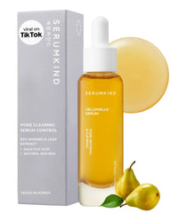SRMKND SERUMKIND pore-tightening bottle closeup showcases a lightweight formula for daily use.