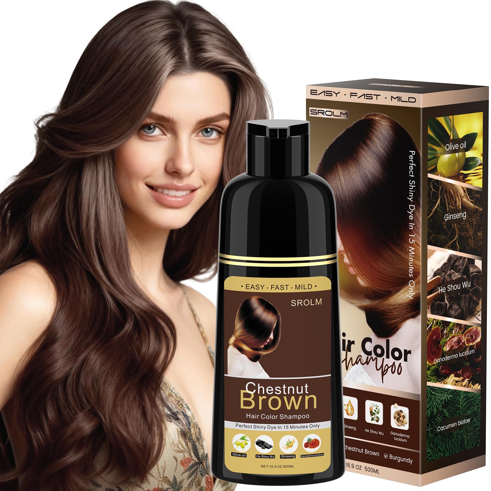 SROLM hair dye shampoo bottle highlighting herbal formula for gray coverage