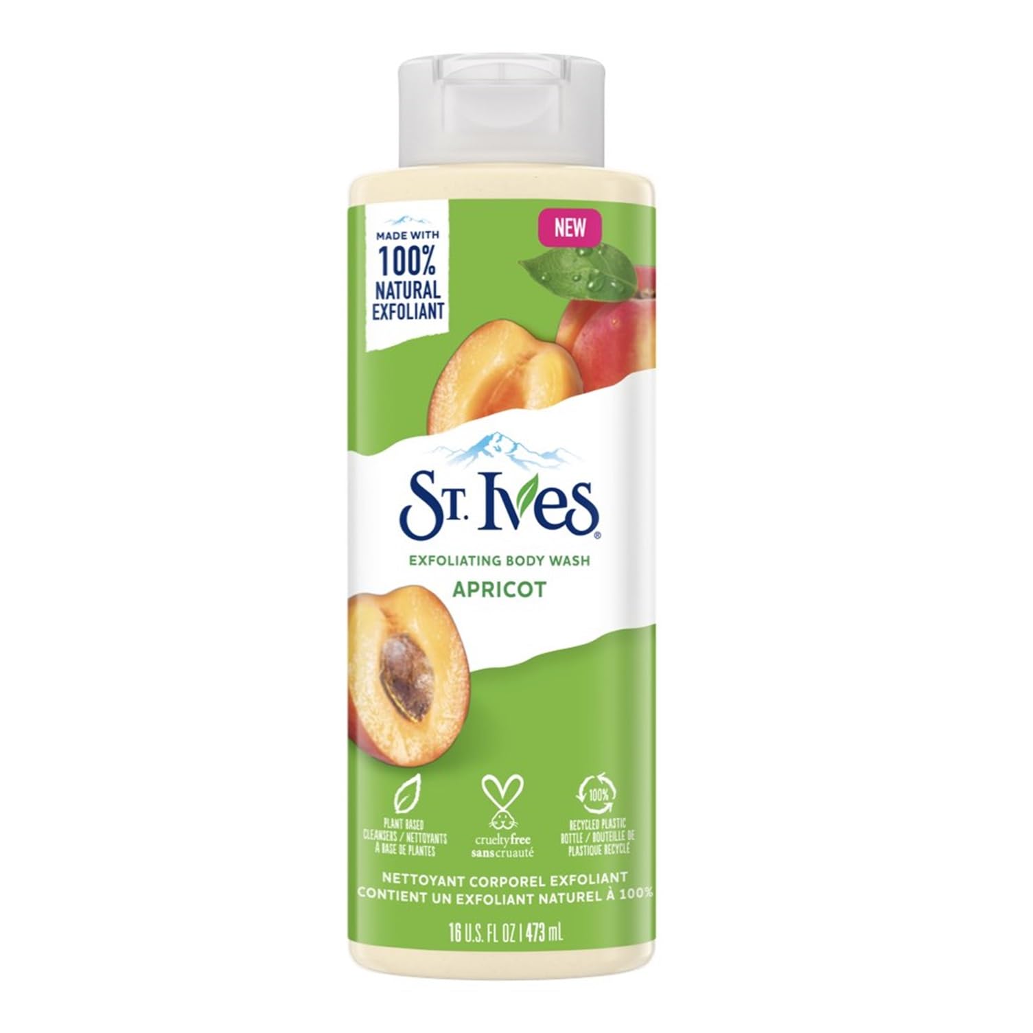 St. Ives gel exfoliante de albaricoque, botella de 473 ml, aroma fresco para la ducha diaria.